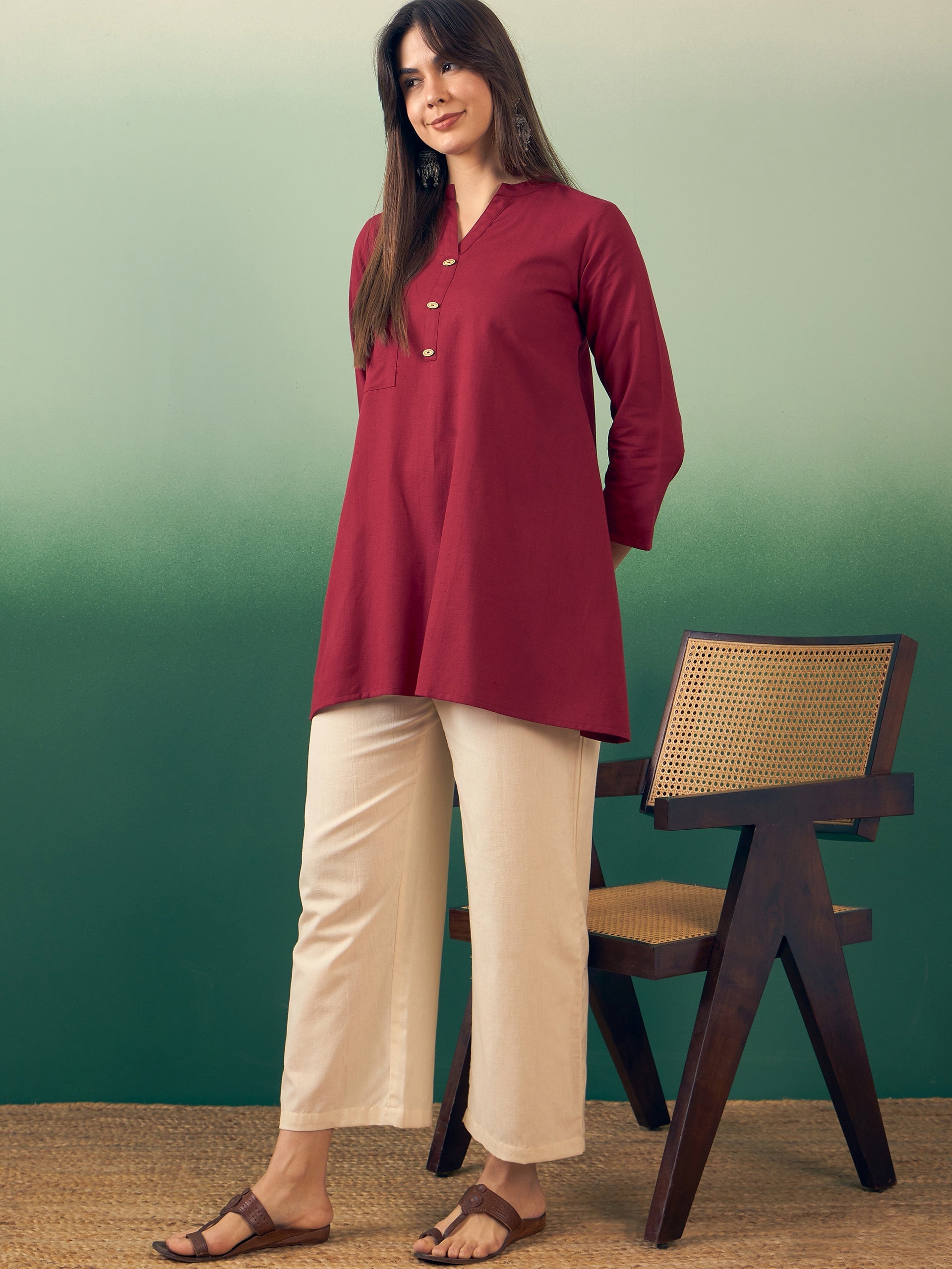Women's Burgundy Manderian V Neck Button Kurta Cream Pant Set