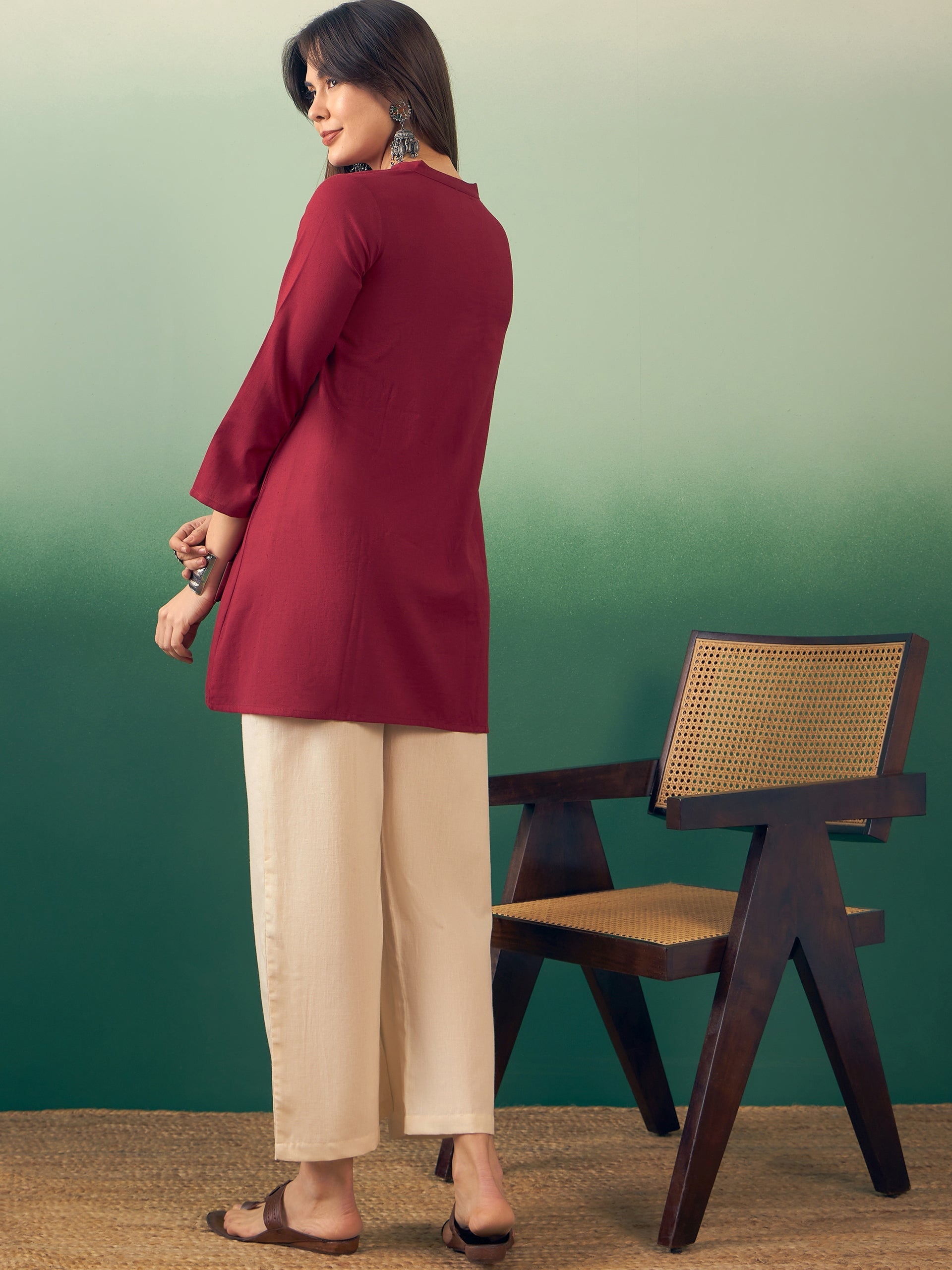 Women's Burgundy Manderian V Neck Button Kurta Cream Pant Set