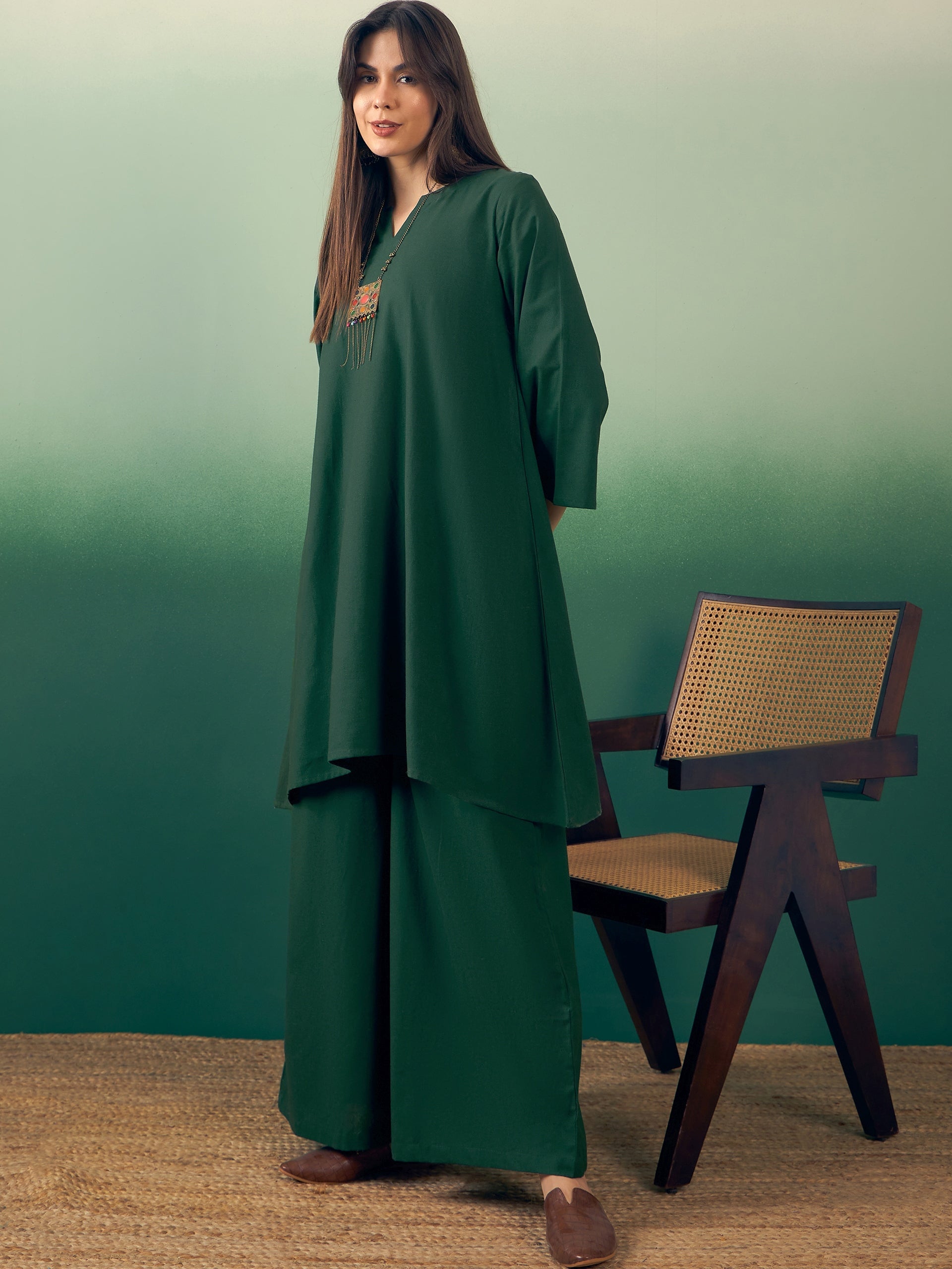 Women's Dark Green Kurta Palazzo Set