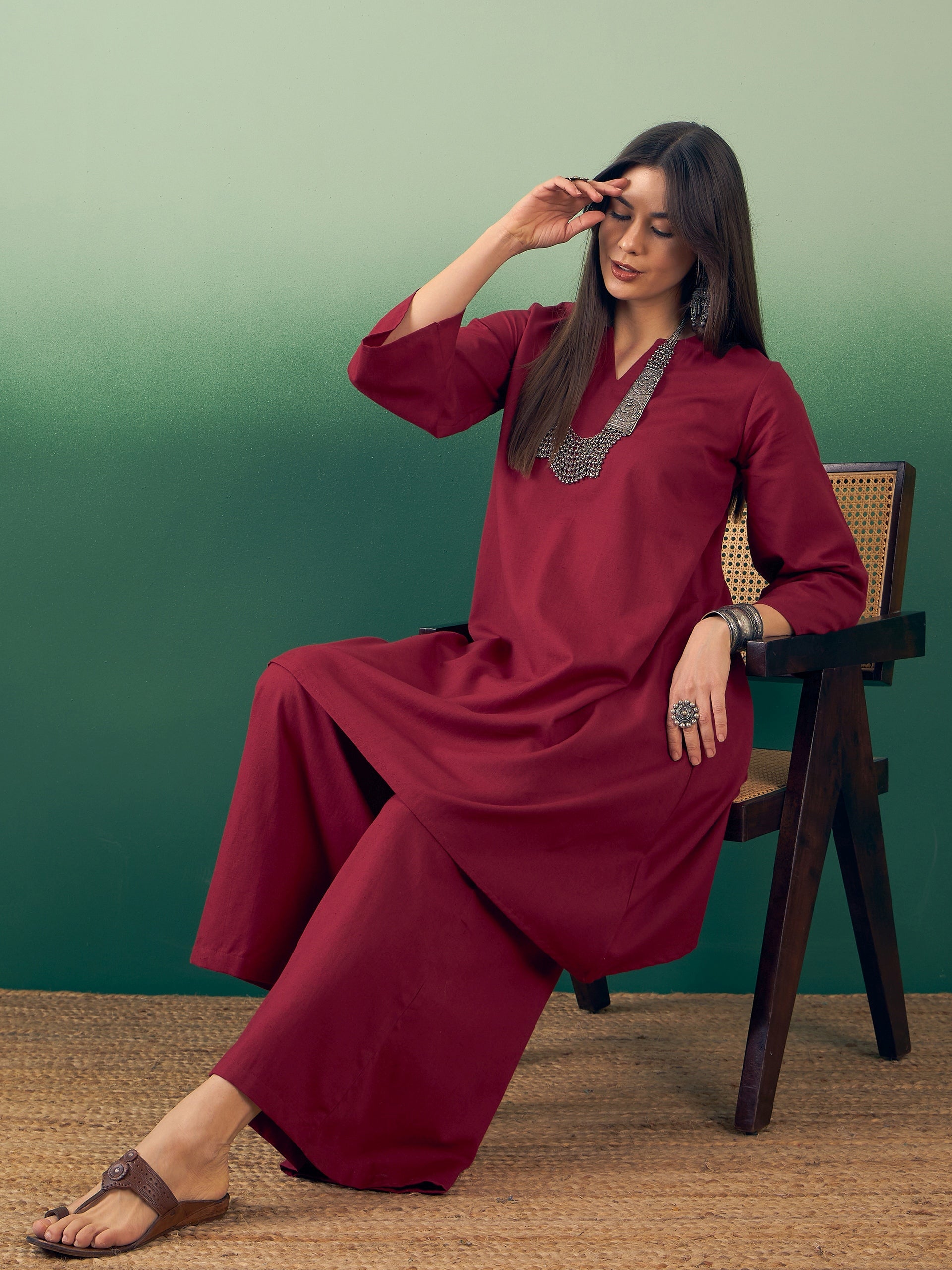 Women's Burgundy Kurta Palazzo Set