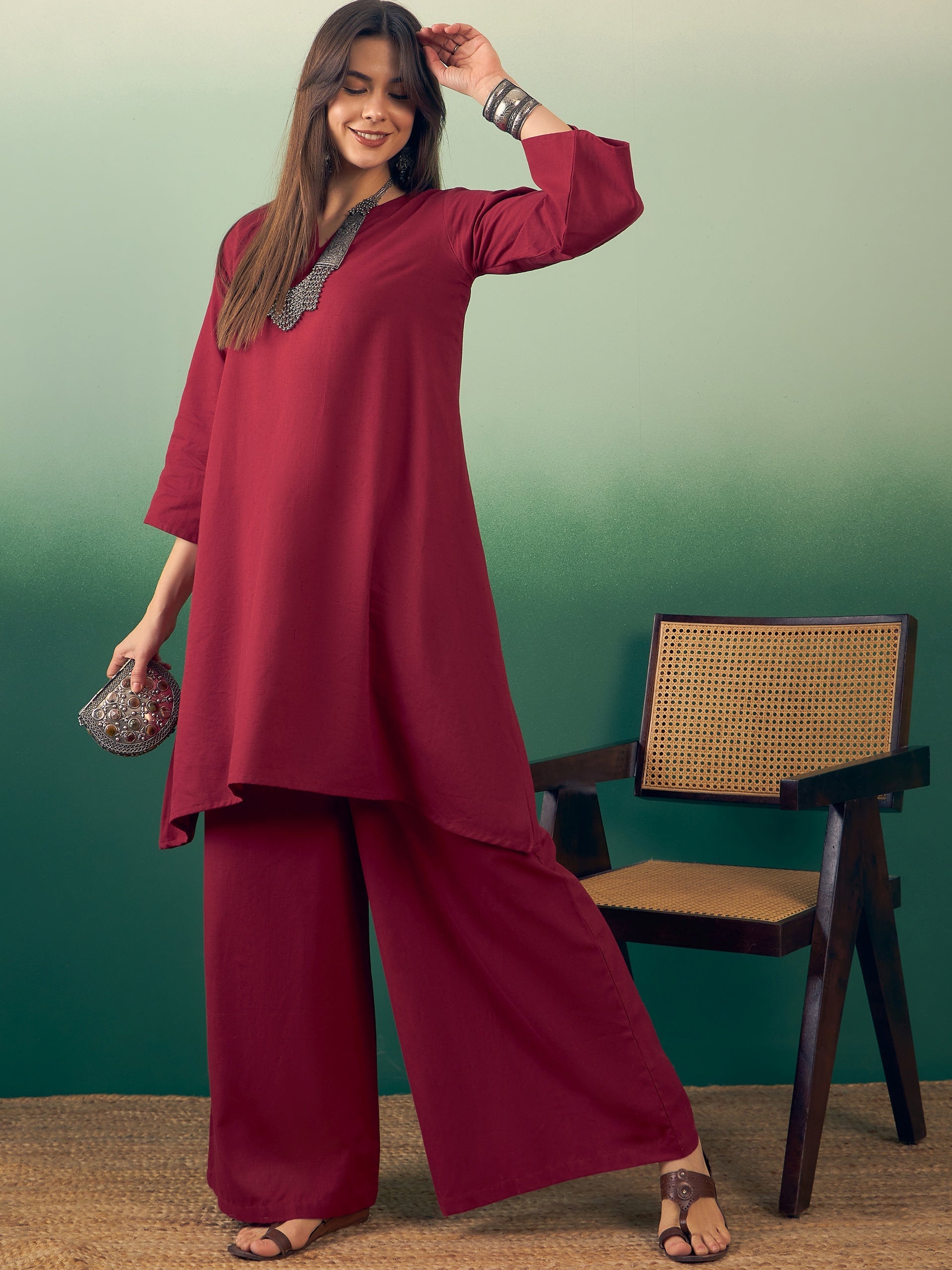 Women's Burgundy Kurta Palazzo Set