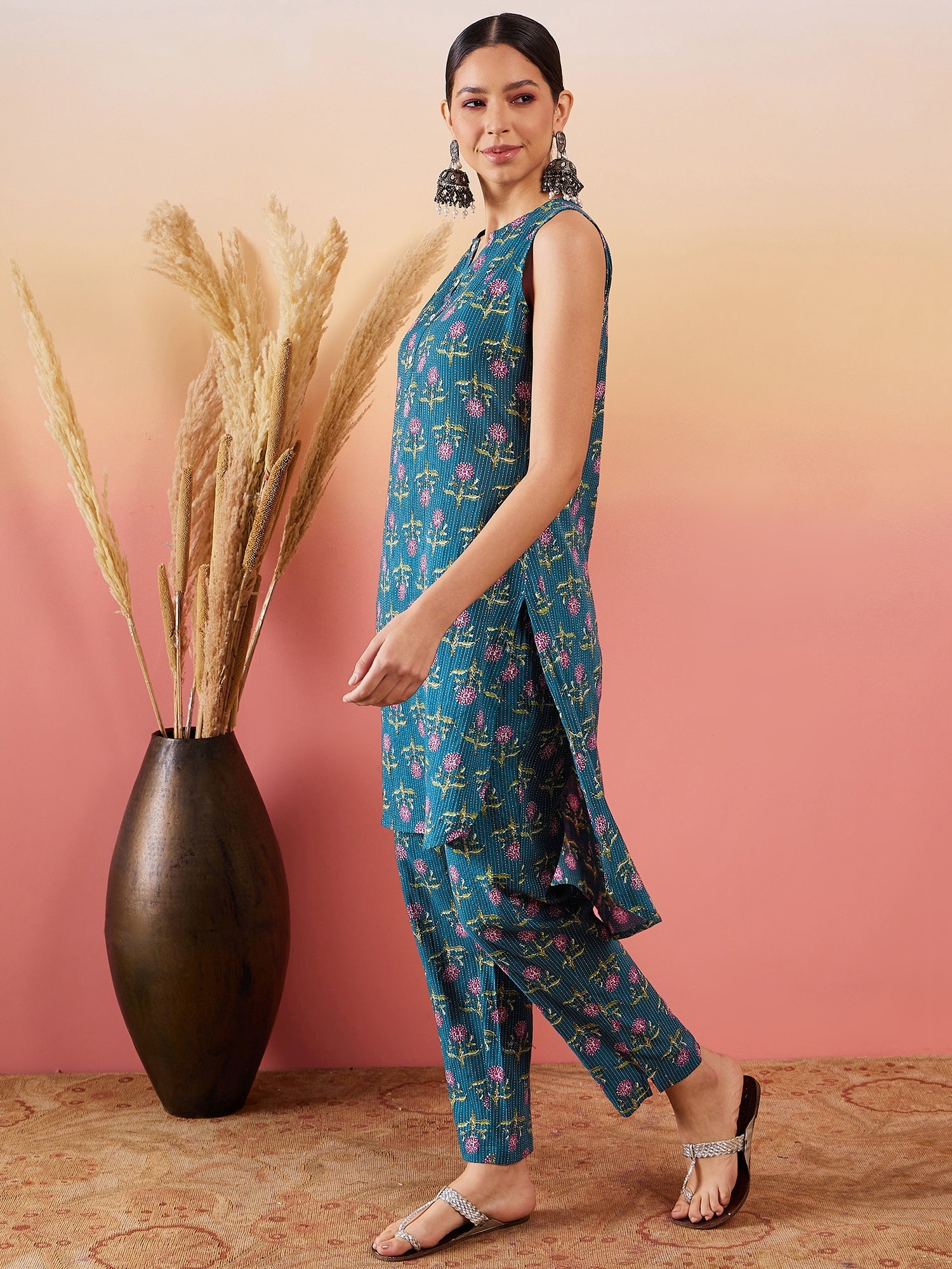 Women's Teal Kantha Mandarin Kurta Set