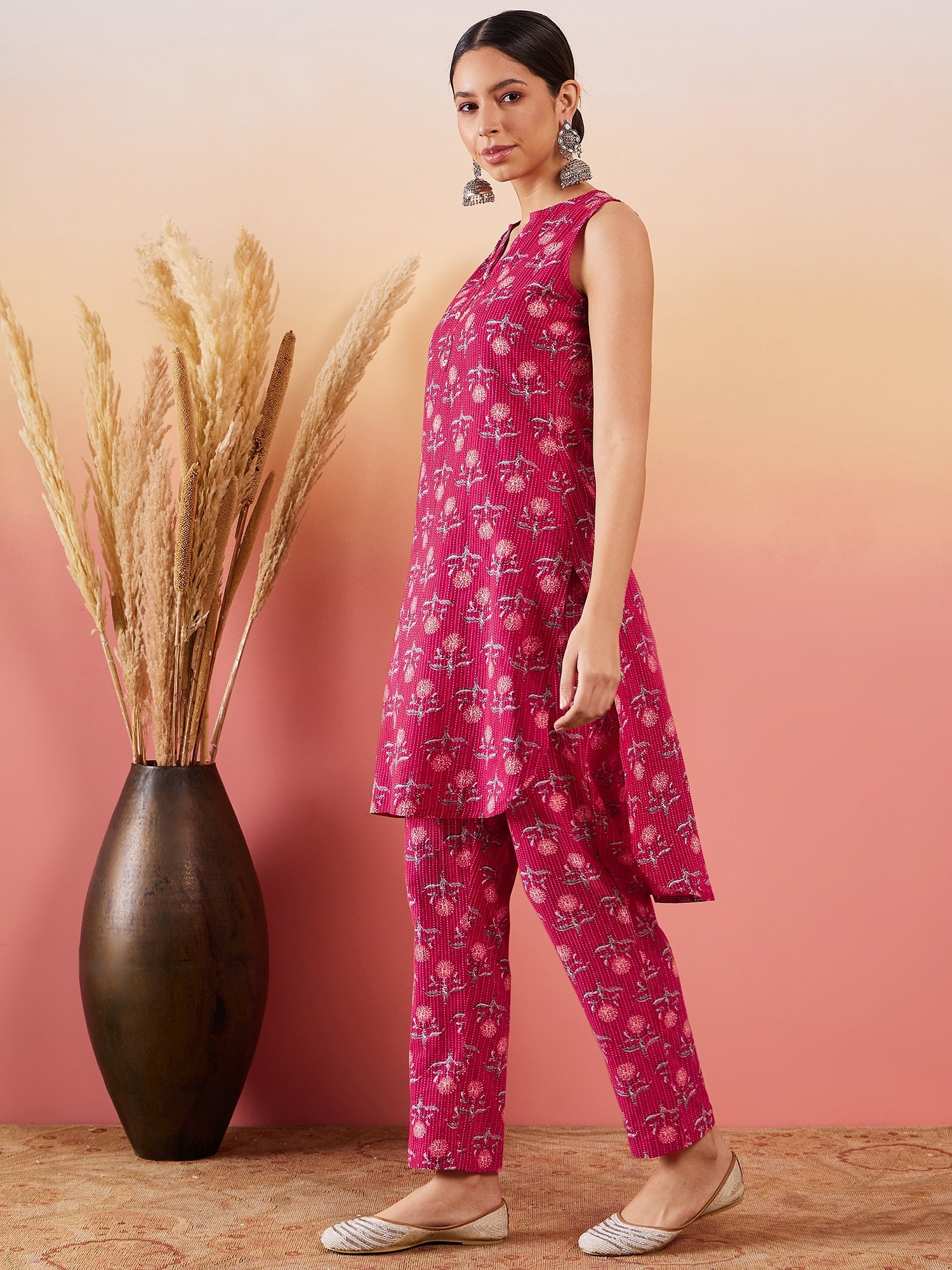Women's Red Kantha Print Manderian V Neck Button Kurta Pant Set