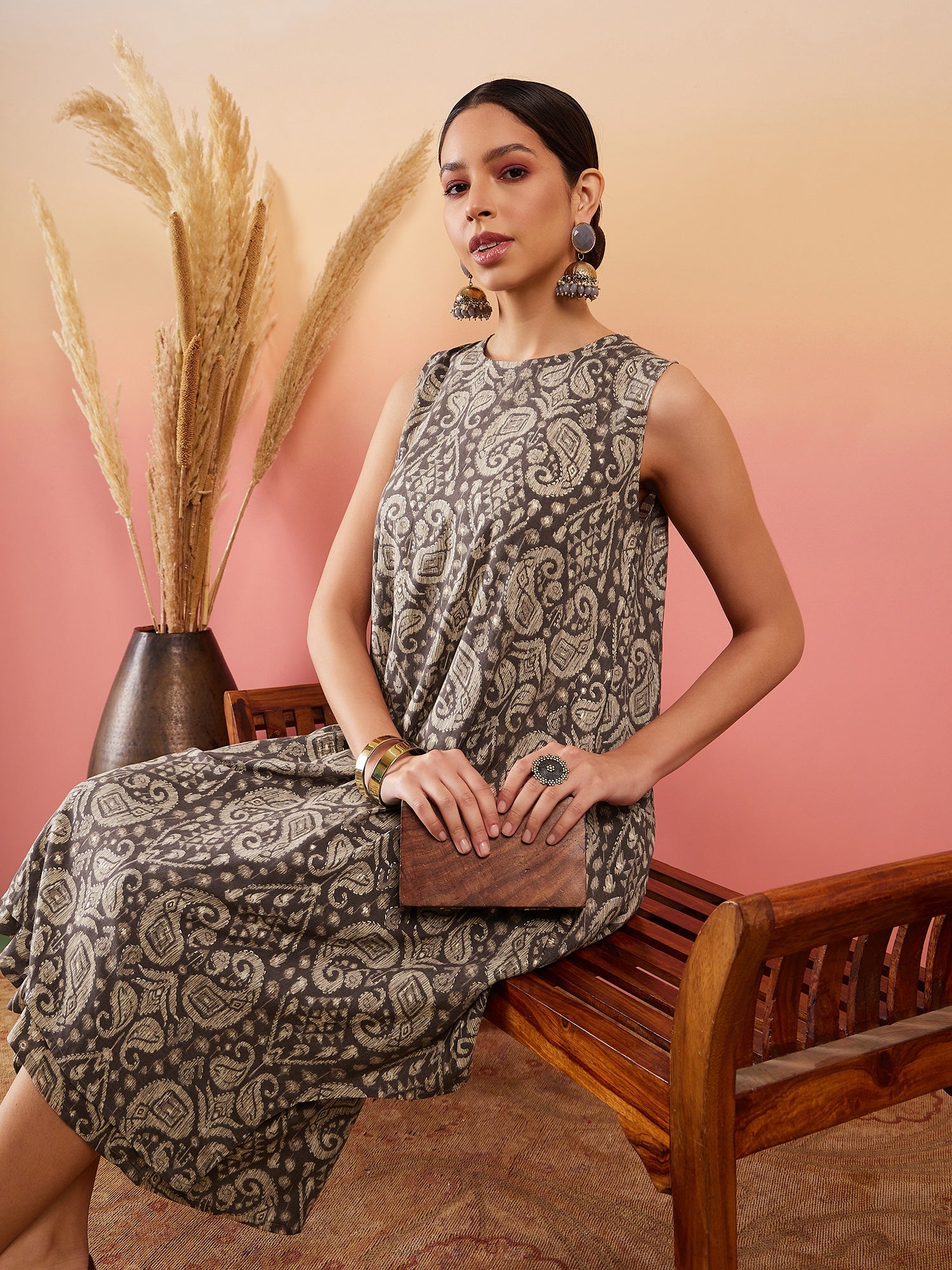 Women's Dull Brown Paisley Round Neck Kurta Short Palazzo Set