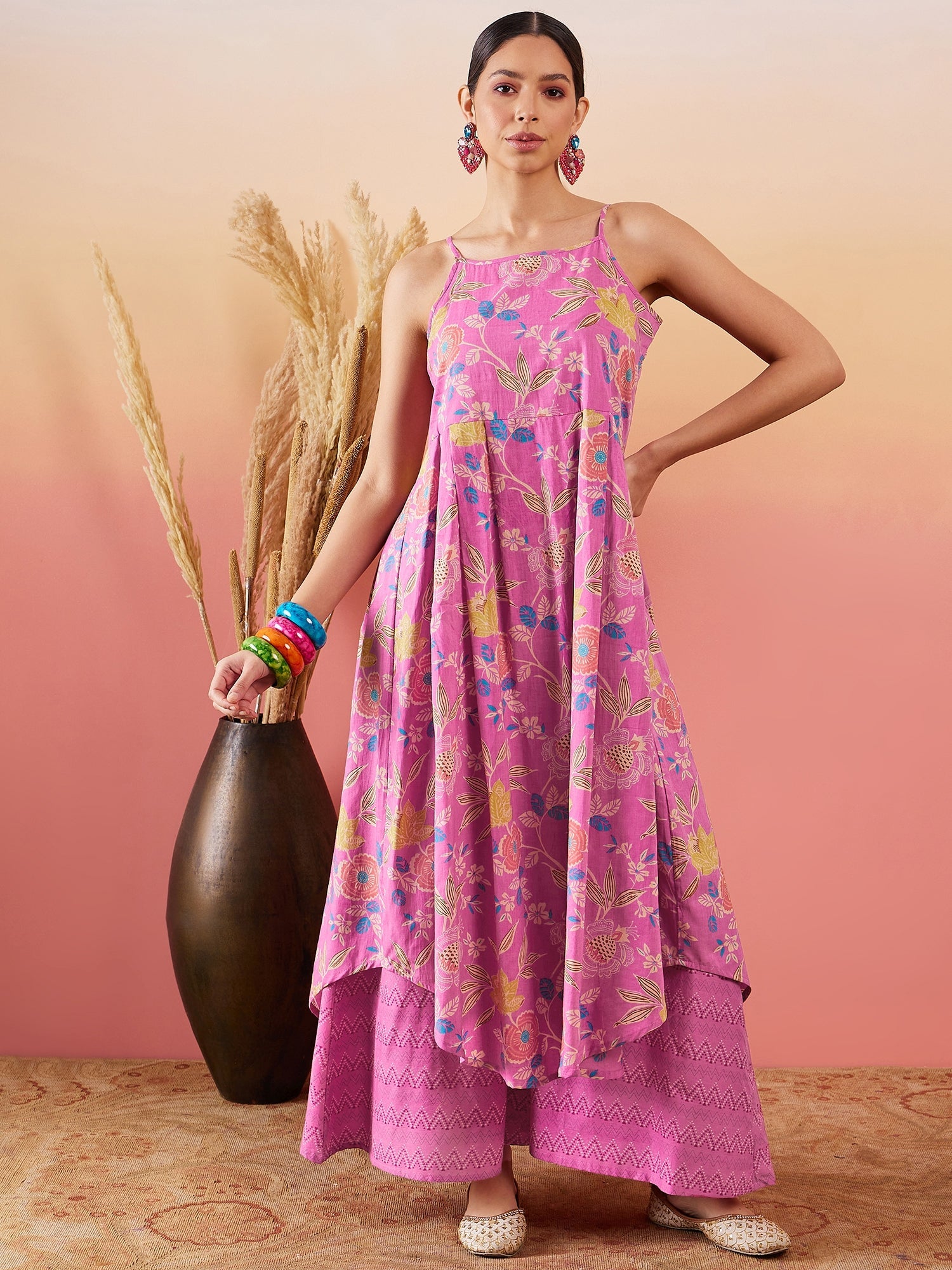Women's Dull Pink Floral Print Strappy Printed Palazzo Set