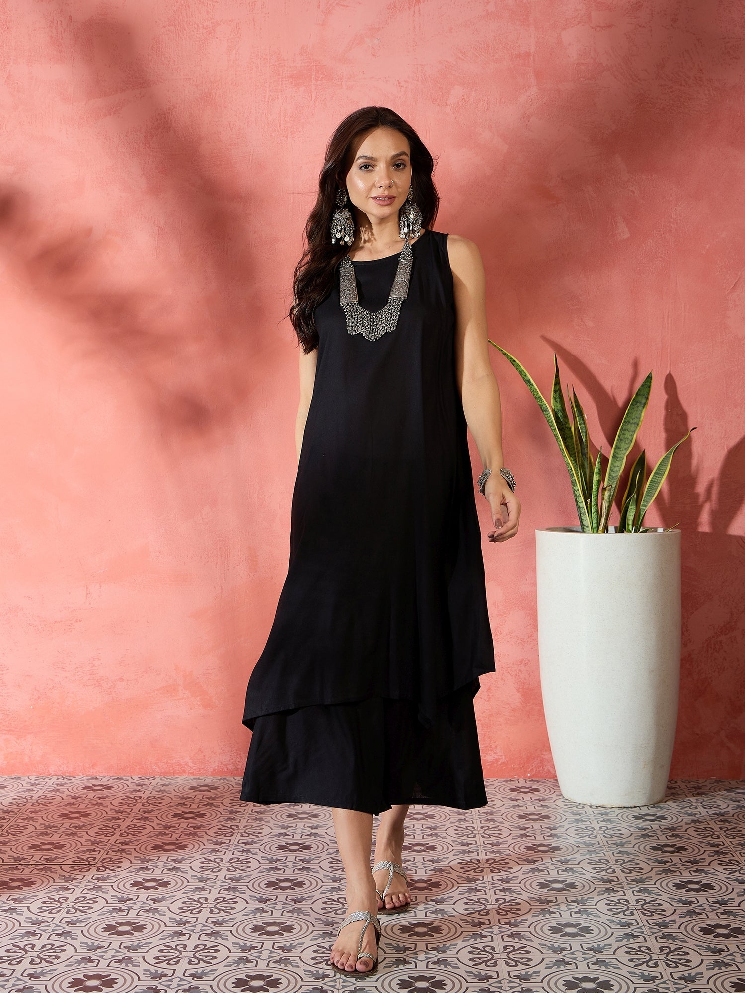 Women's Black Kurta Short Palazzo Set