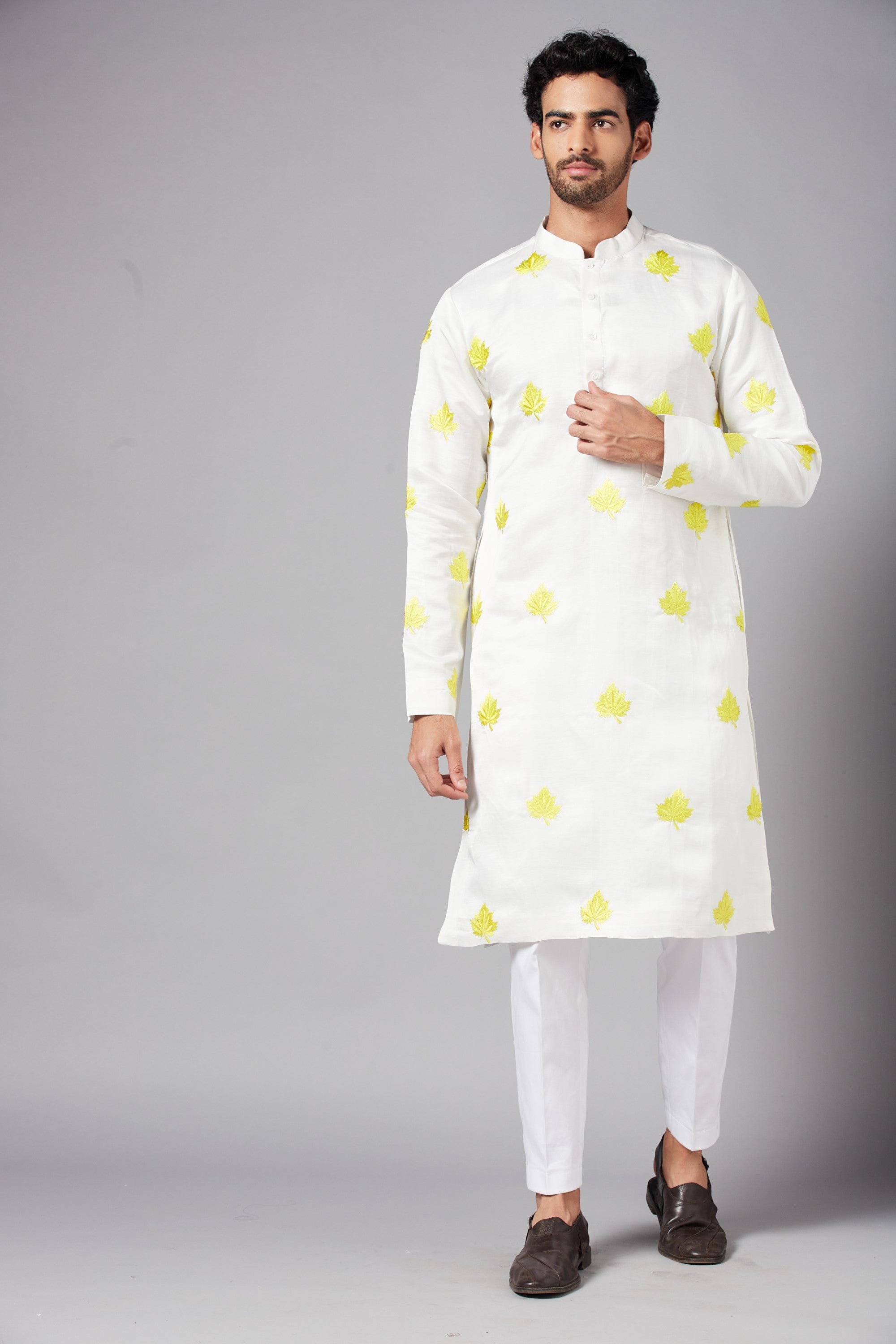 Men's White Color Morga Leaf Embroidered Kurta Linen Satin