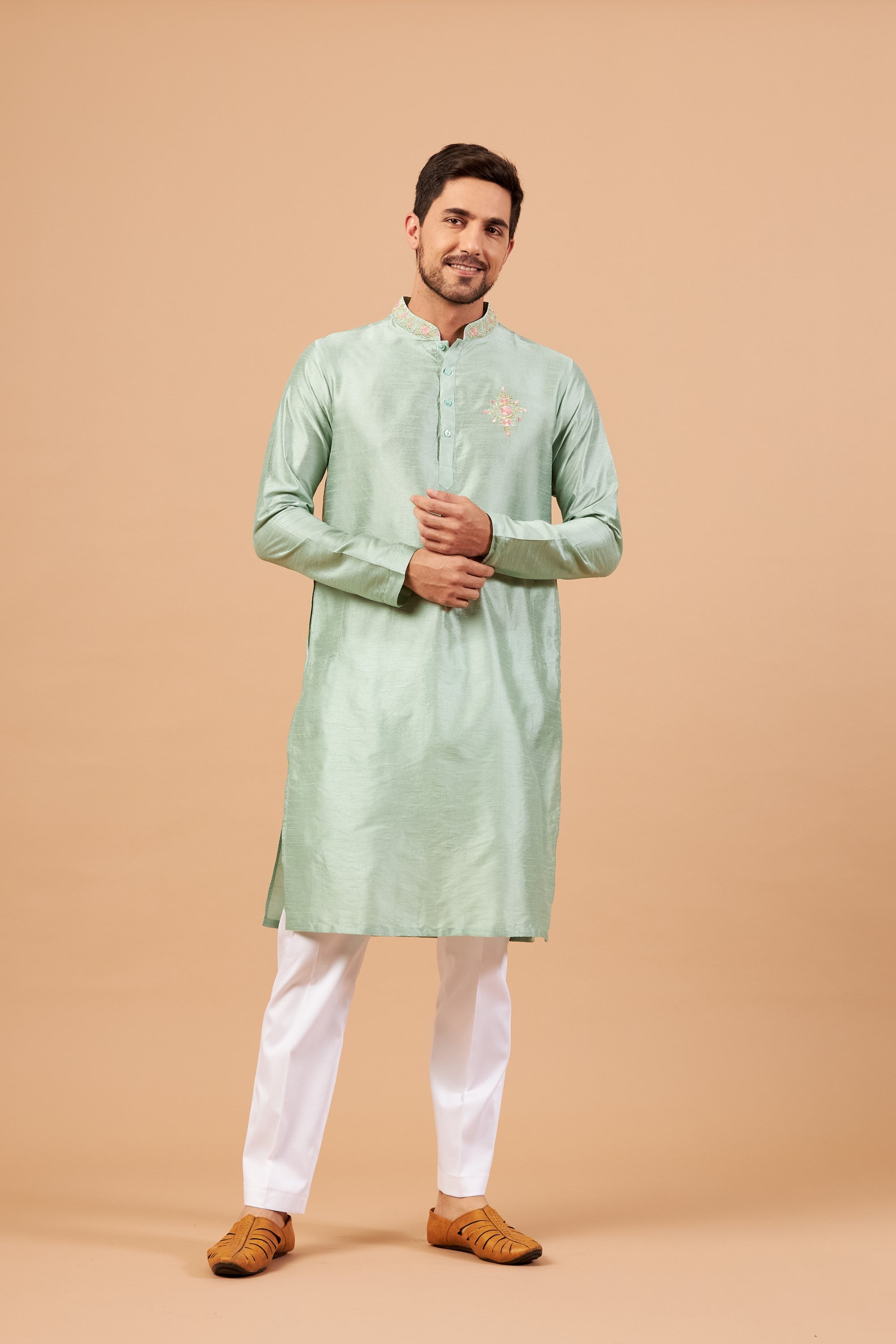 Men's Pastel Green Color Amil Traditional Embroidered Kurta Semi Raw Silk Mix