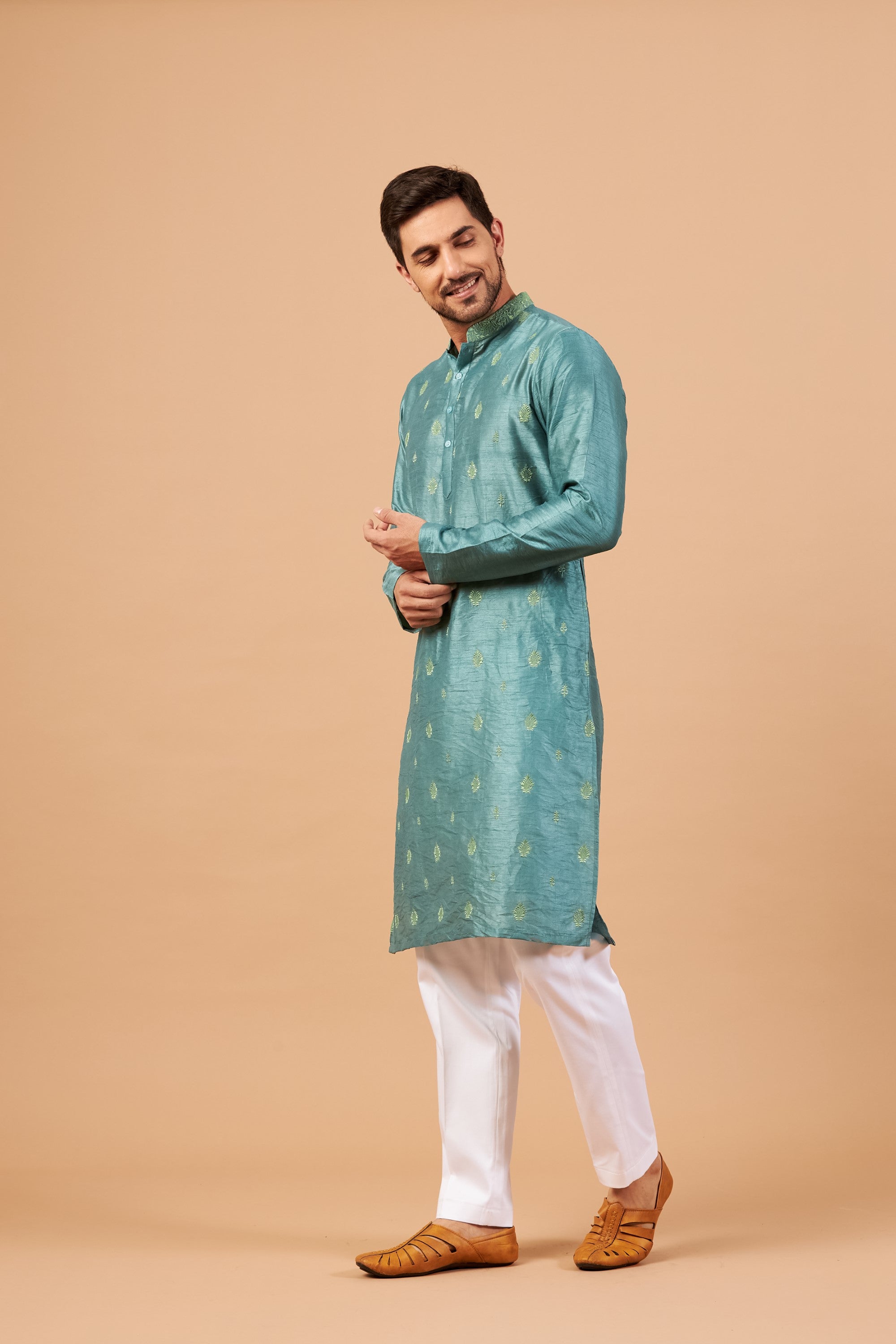Men's Teal Color Two Motif Embroidered Kurta Semi Raw Silk Mix