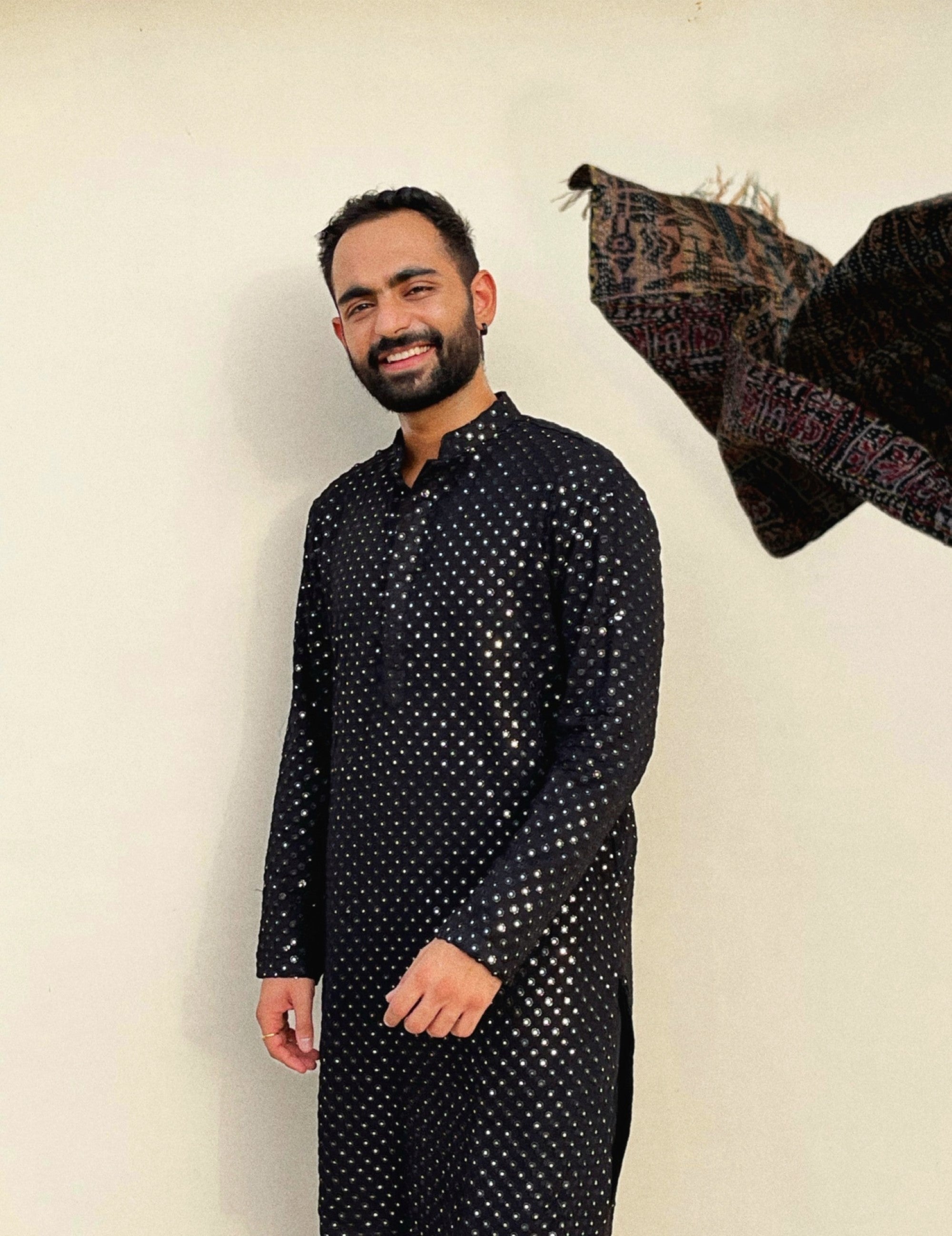 Men's Black Color Black Mirror Kurta + Patiala Pants Georgette & Santone