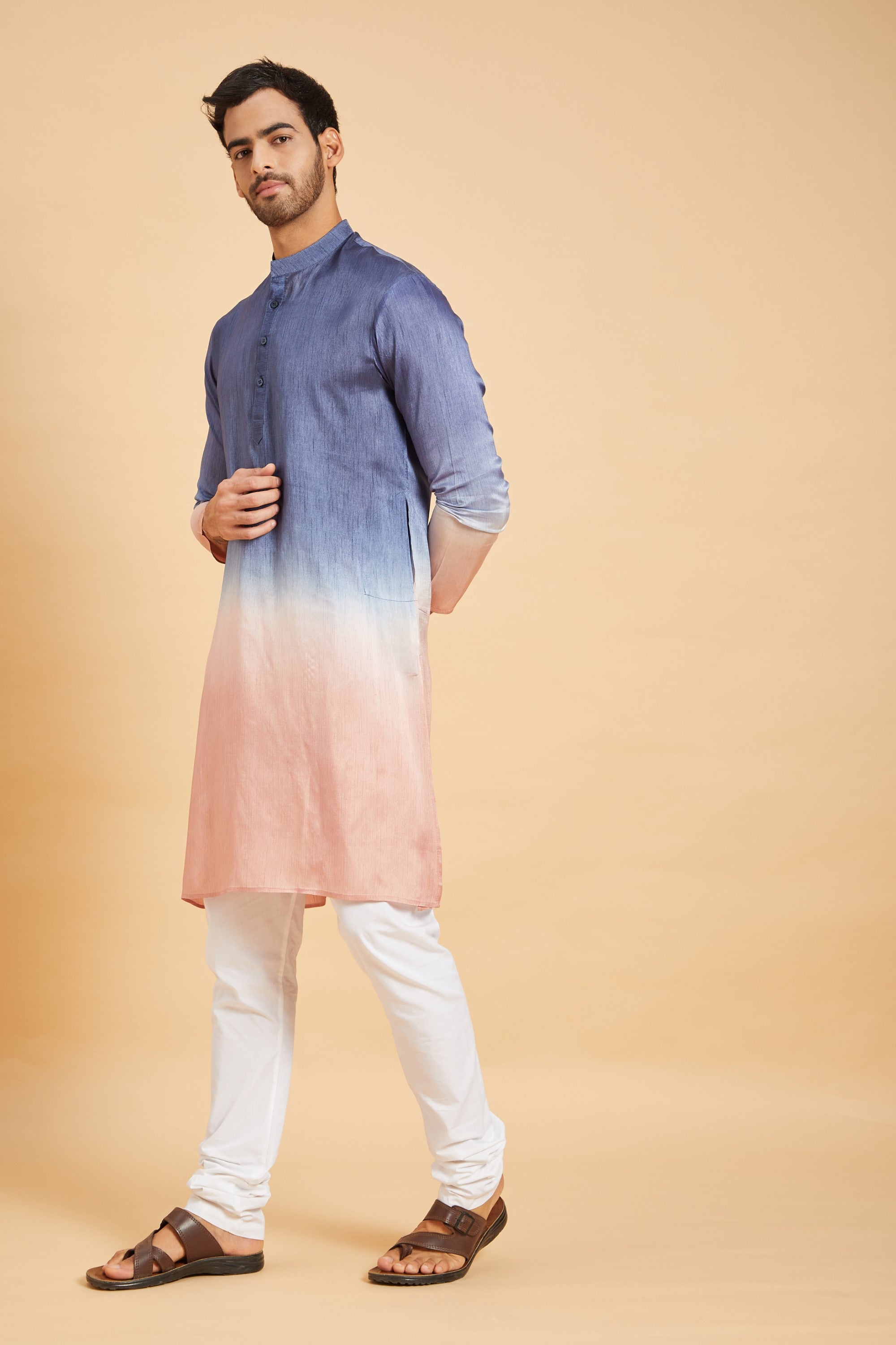 Men's Blue Color Waikawa Ombre Kurta Without Slit Silk