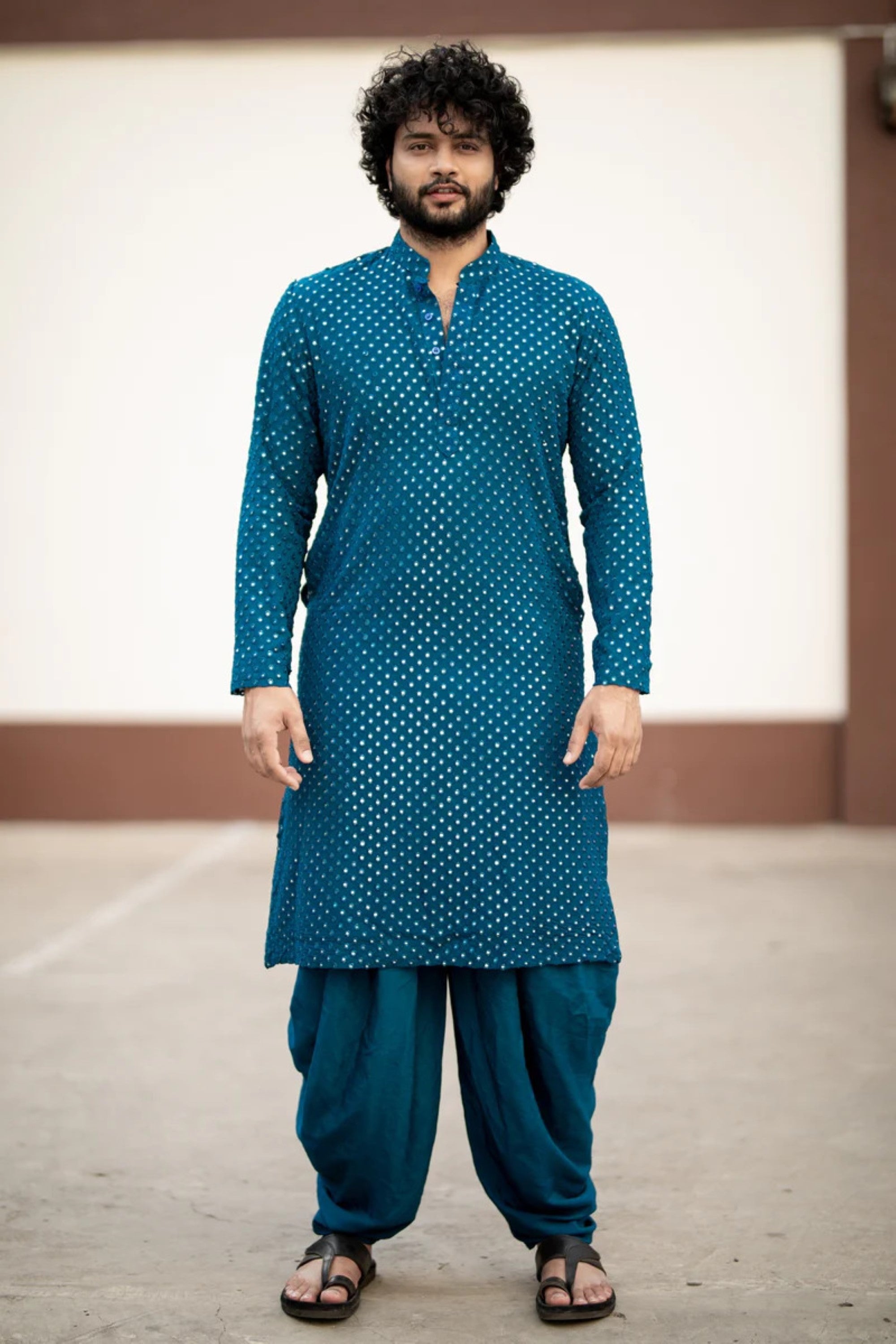 Men's Teal Blue Color Teal Blue Mirror Kurta + Patiala Pants Georgette & Santone