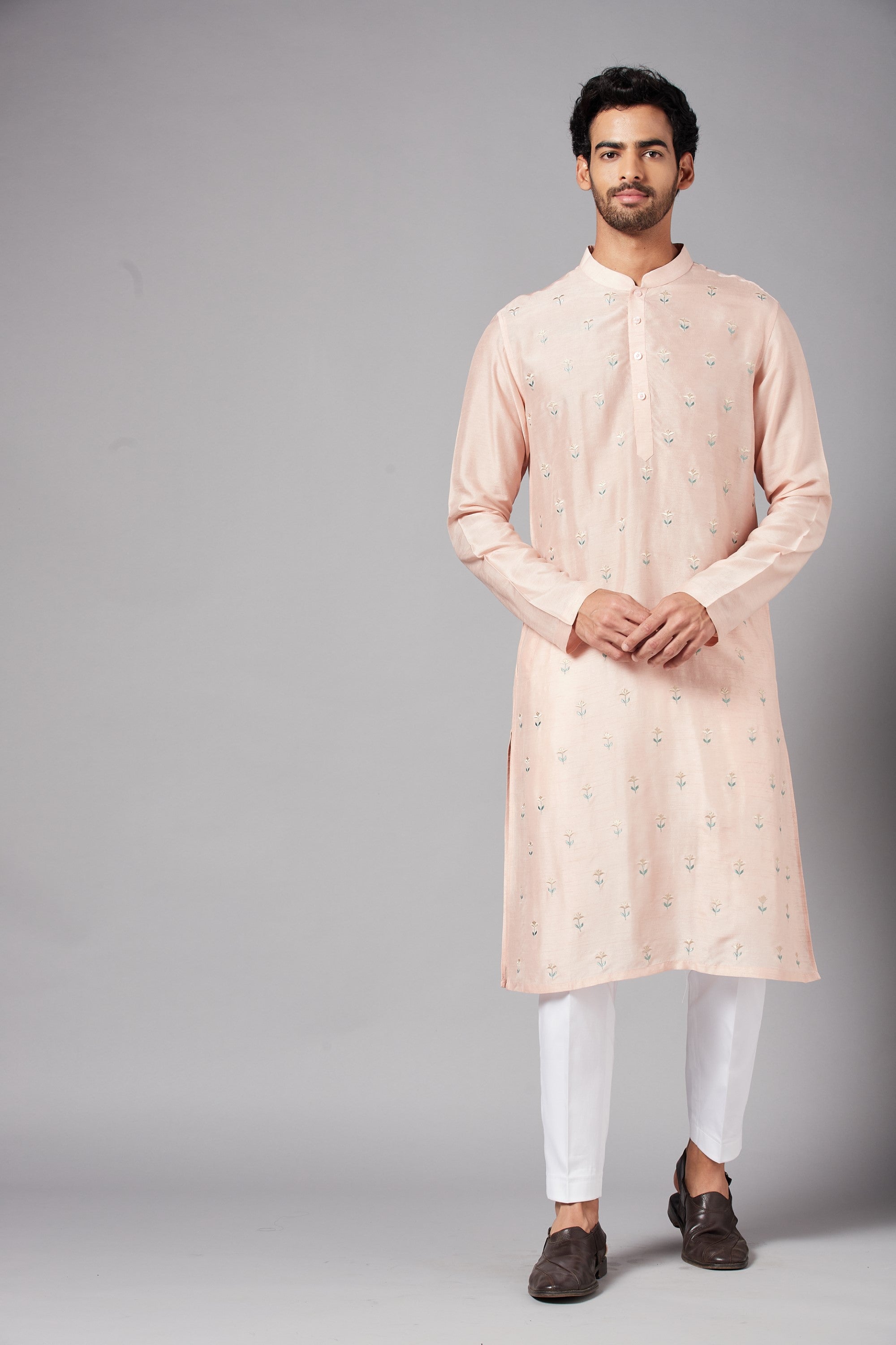 Men's Peach Color Moori Small Flower Motifs All Over Embroidered Kurta Semi Raw Silk Mix