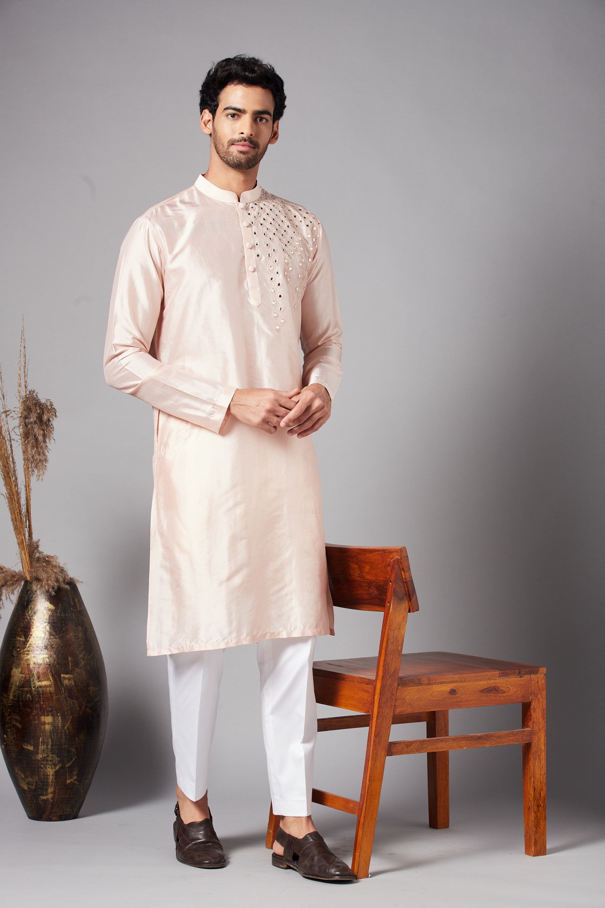 Men's Peach Color Rooyi Position Mirror Work Kurta Dupion
