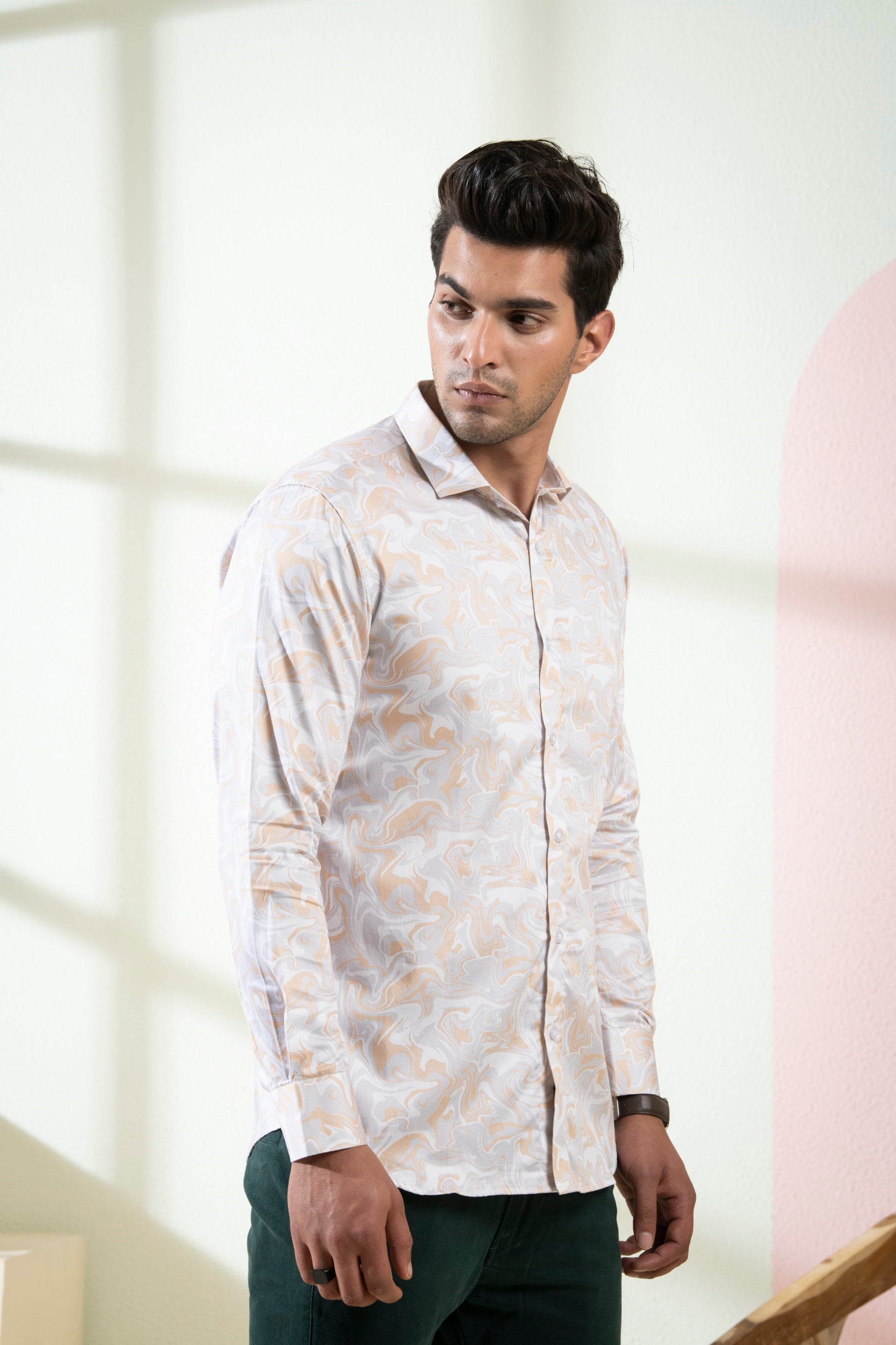Men's Peach Color Marbleized Full Sleeves Shirt