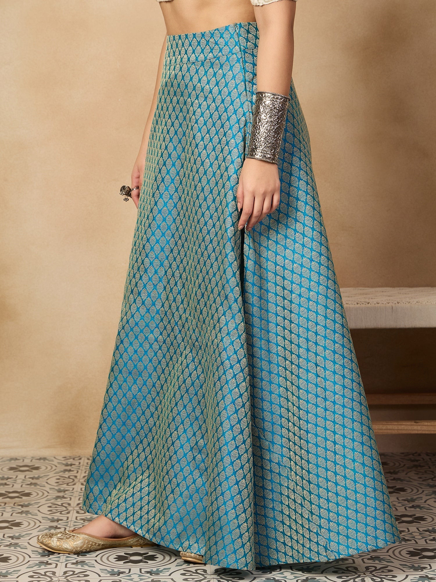Women's Maya Blue Brocade Side Slit Skirt
