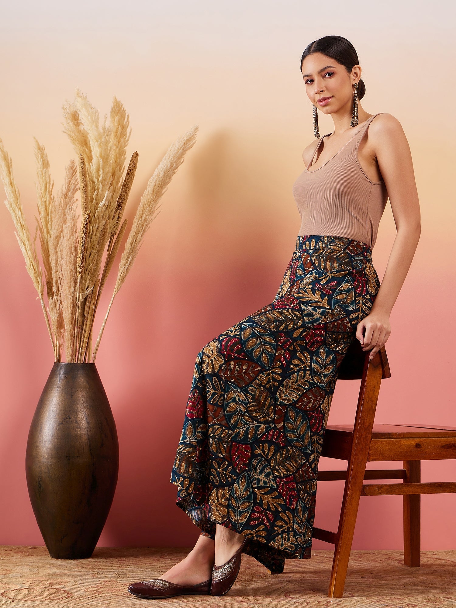 Women's Teal Maroon Leaf Print Foil Palazzo