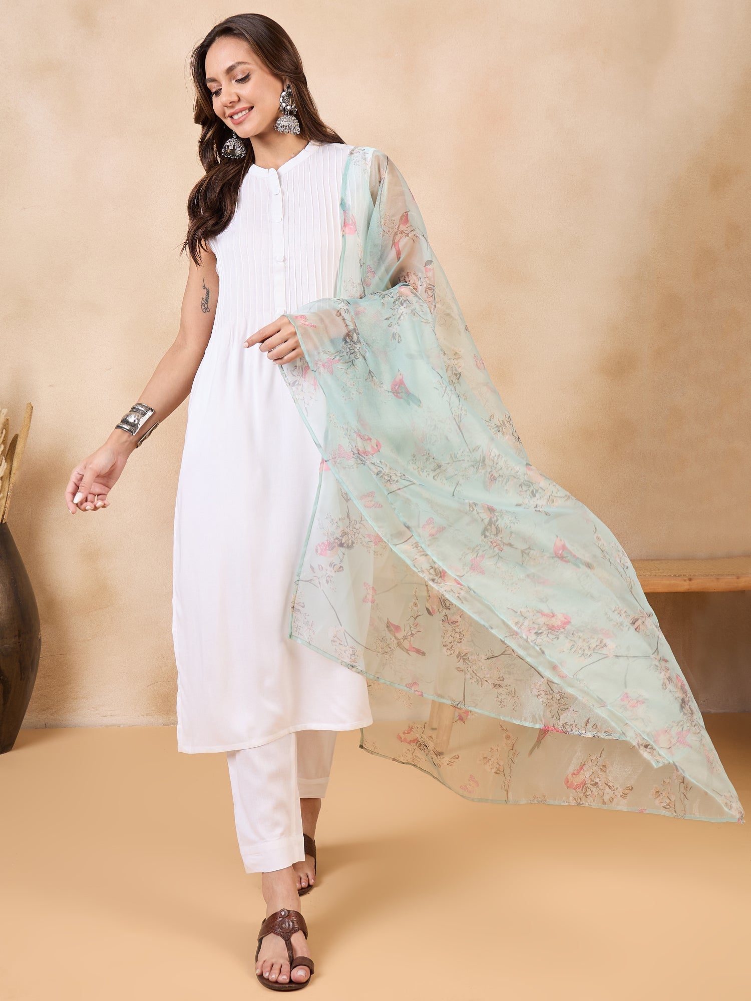 Women's Teal Bird Print Organza Dupatta