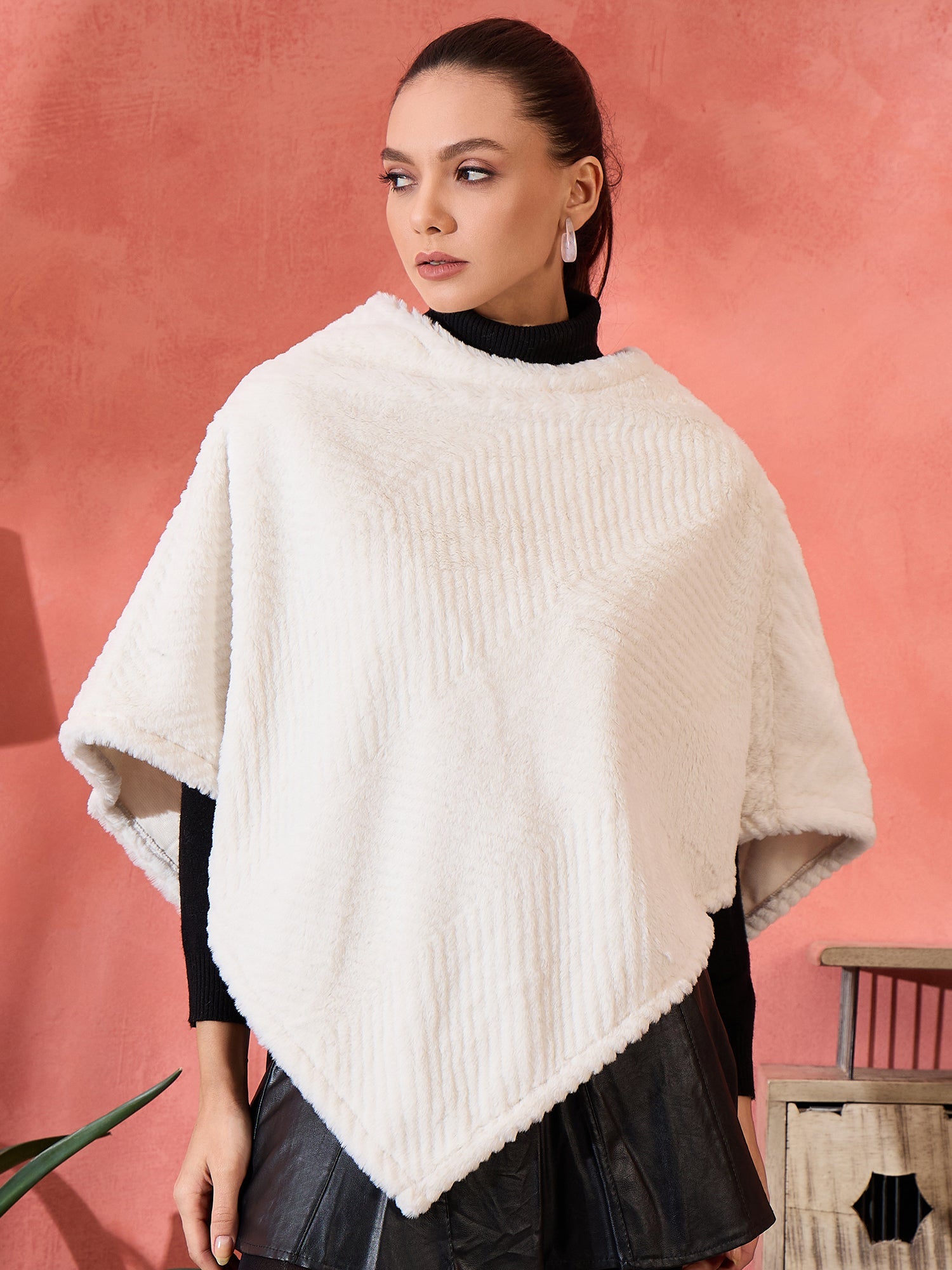 Women's Cream Striped Rabbit Faux Fur Poncho