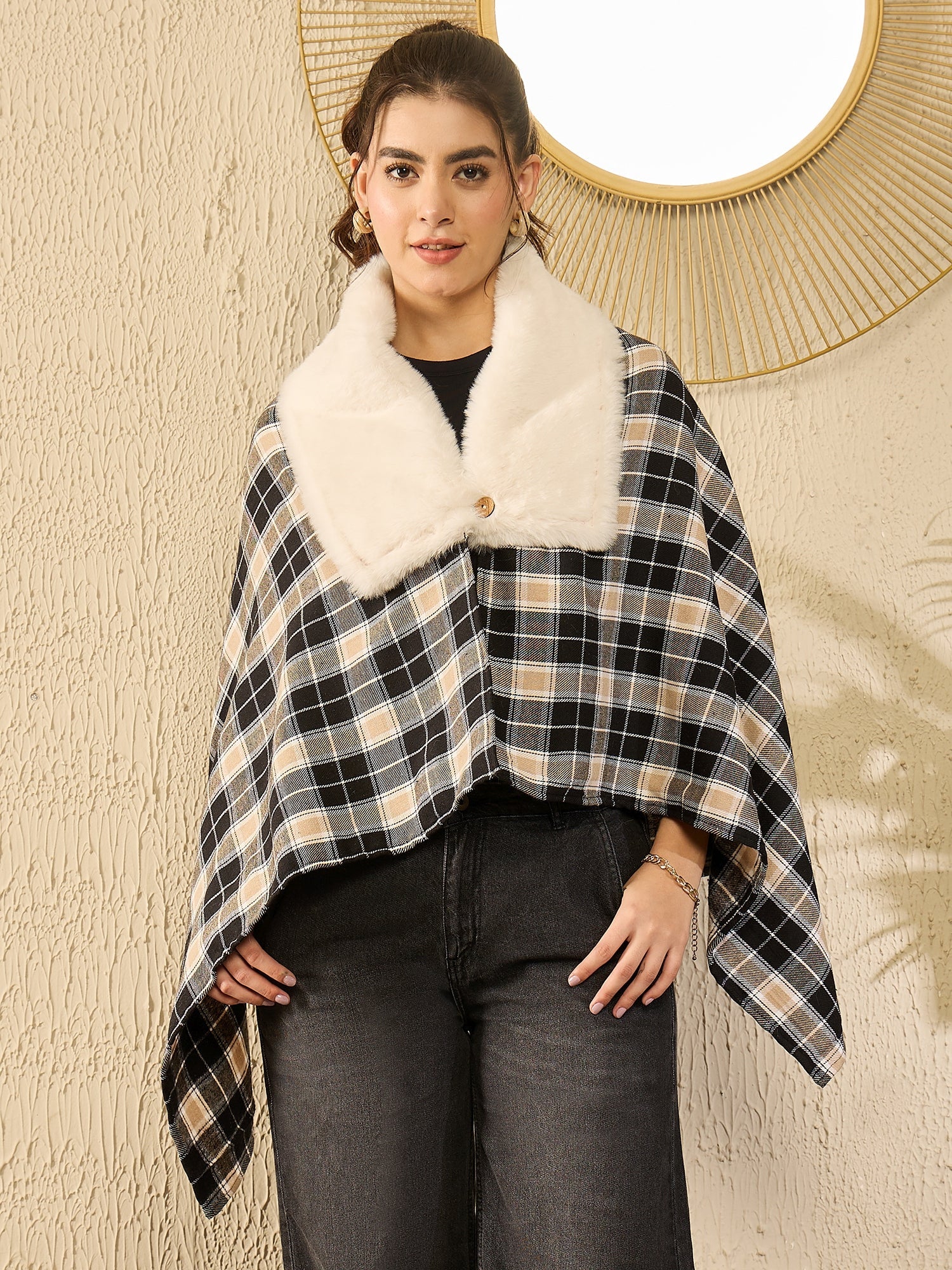 Women's Black Beige Check Cream Fur Poncho