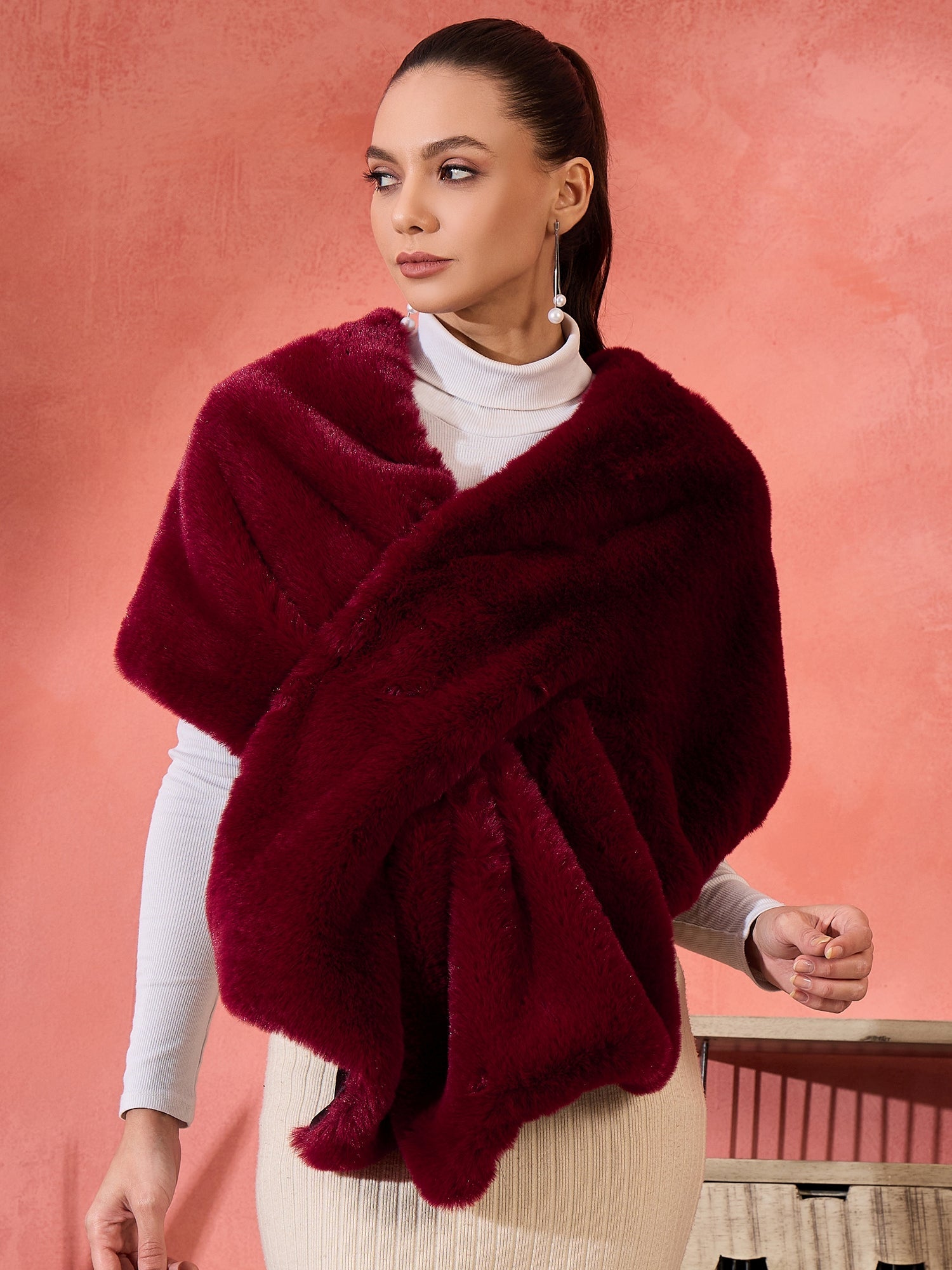 Women's Burgundy Faux Fur Cape