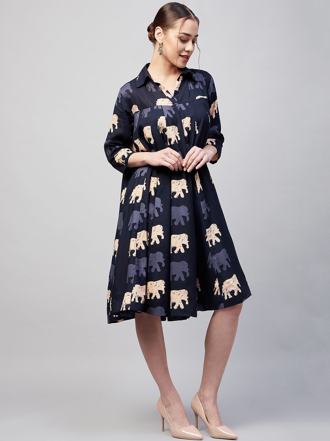 Women's Blue Elephant Print Flared Dress