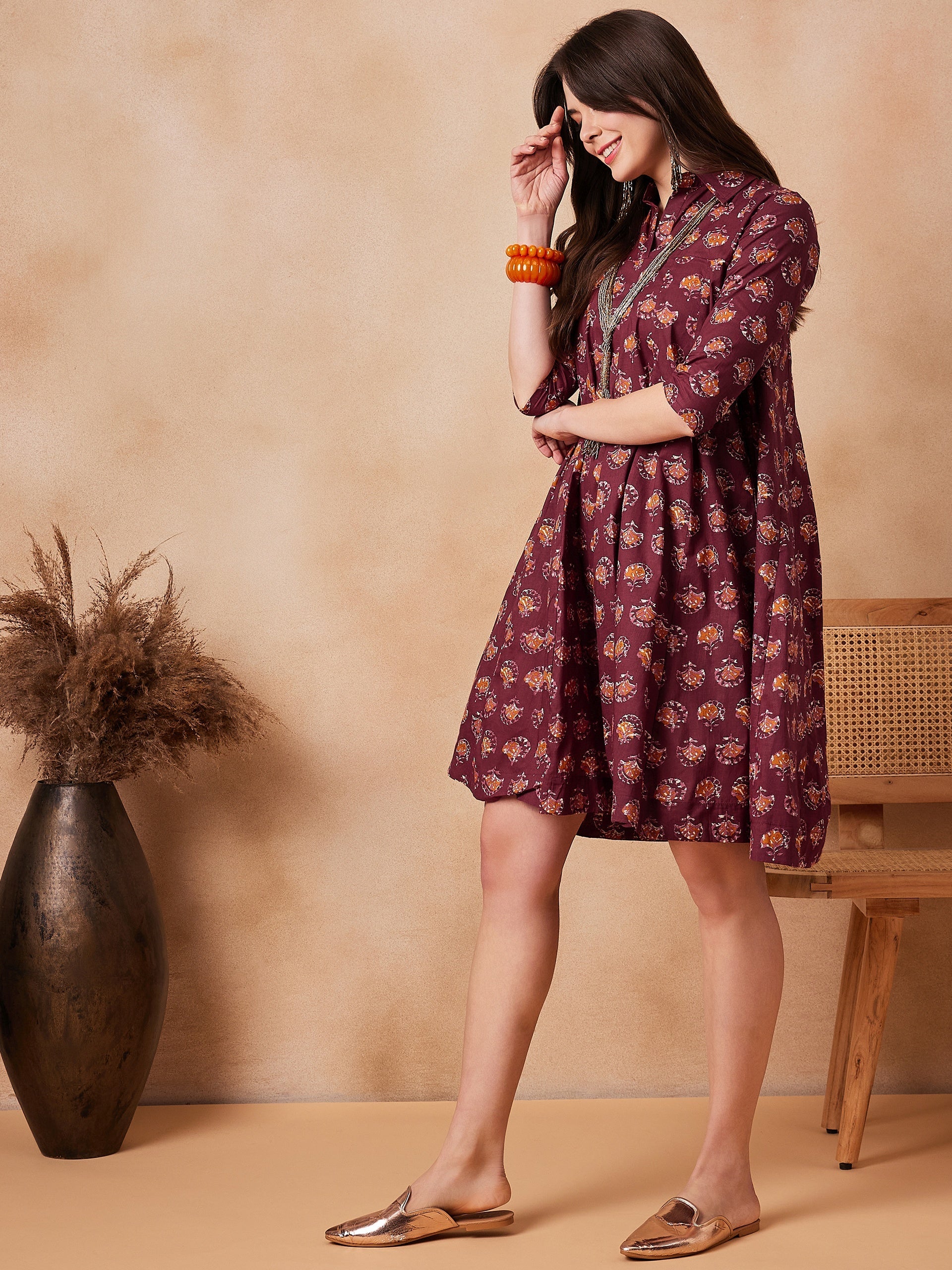 Women's Burgundy Floral Boota Print Flared Dress