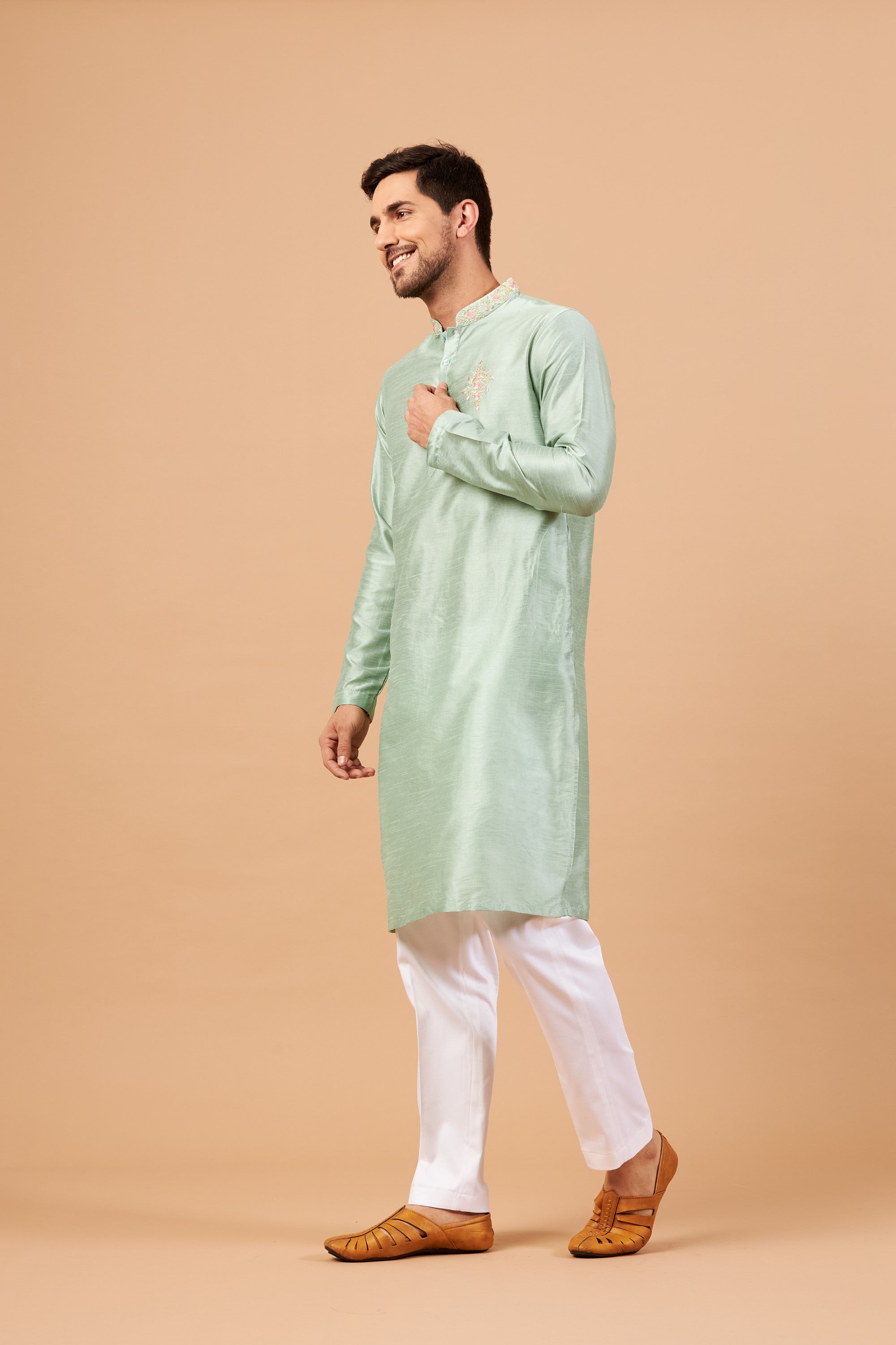 Men's Pastel Green Color Amil Traditional Embroidered Kurta Semi Raw Silk Mix