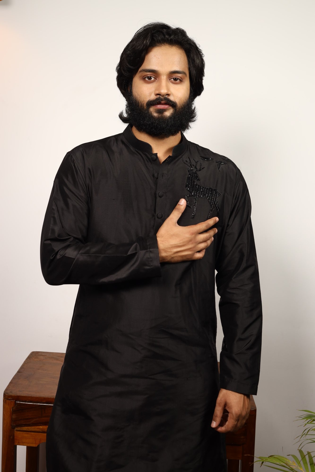 Men's Black Color Solid Black Reindeer Embroidered Kurta Dupion Silk