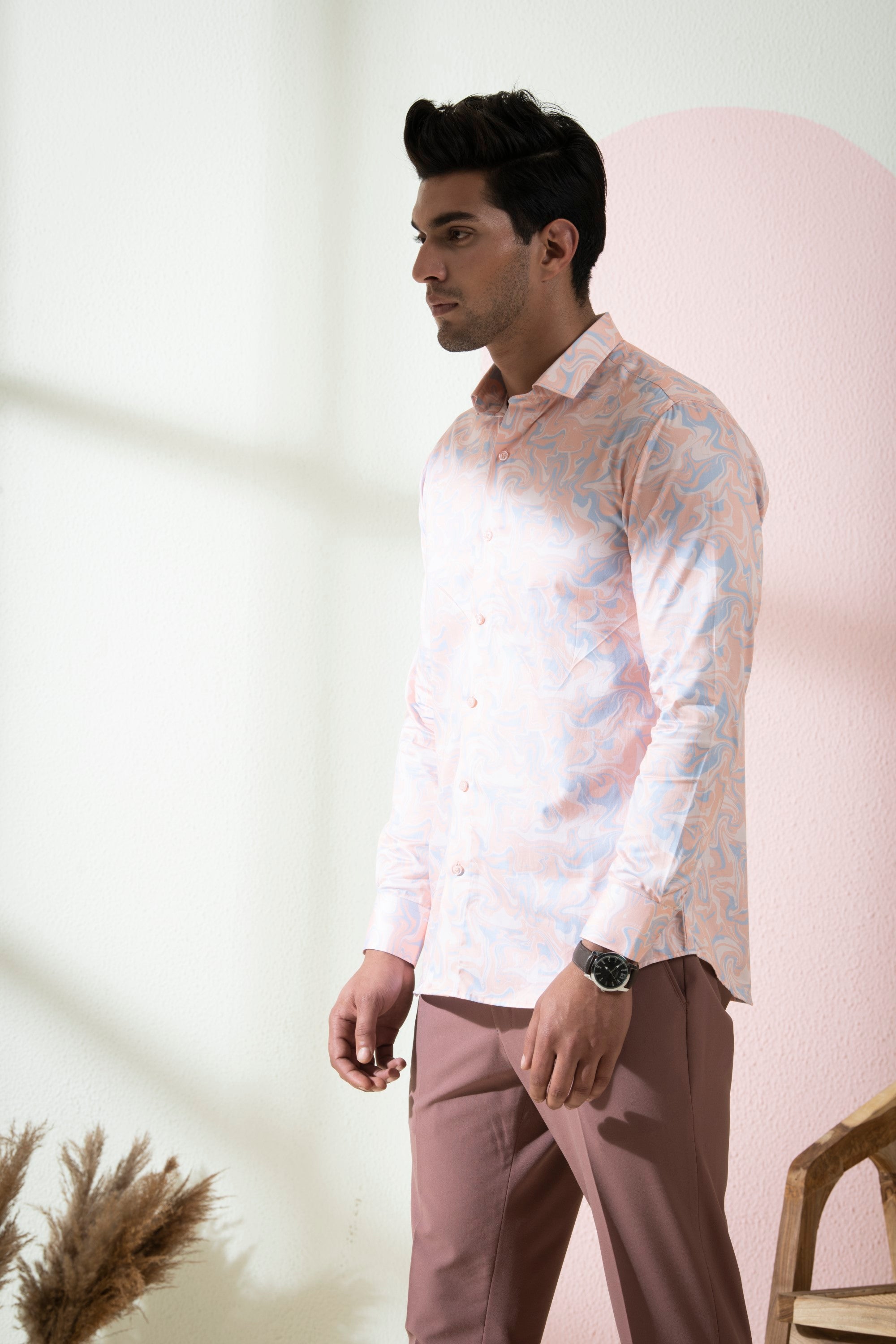 Men's Peach & Blue Color Scott Full Sleeves Shirt