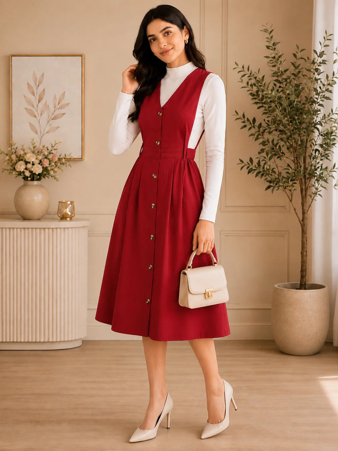 Women's Solid Maroon Button-Down Pinafore Dress