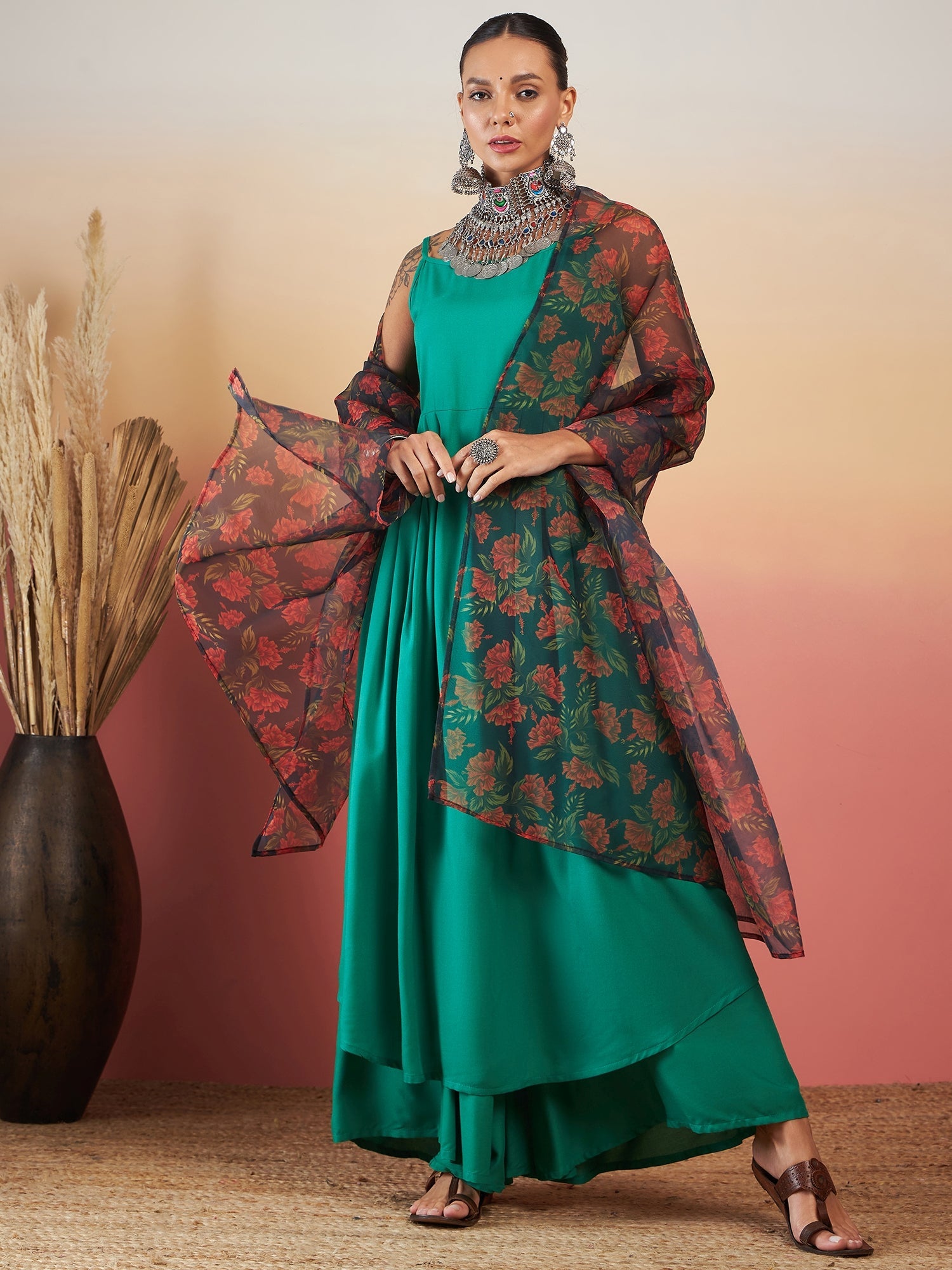Women's EMERALD GREEN STRAPPY W BLACK ORANGE FLORAL PRINT OR DUPATTA SET