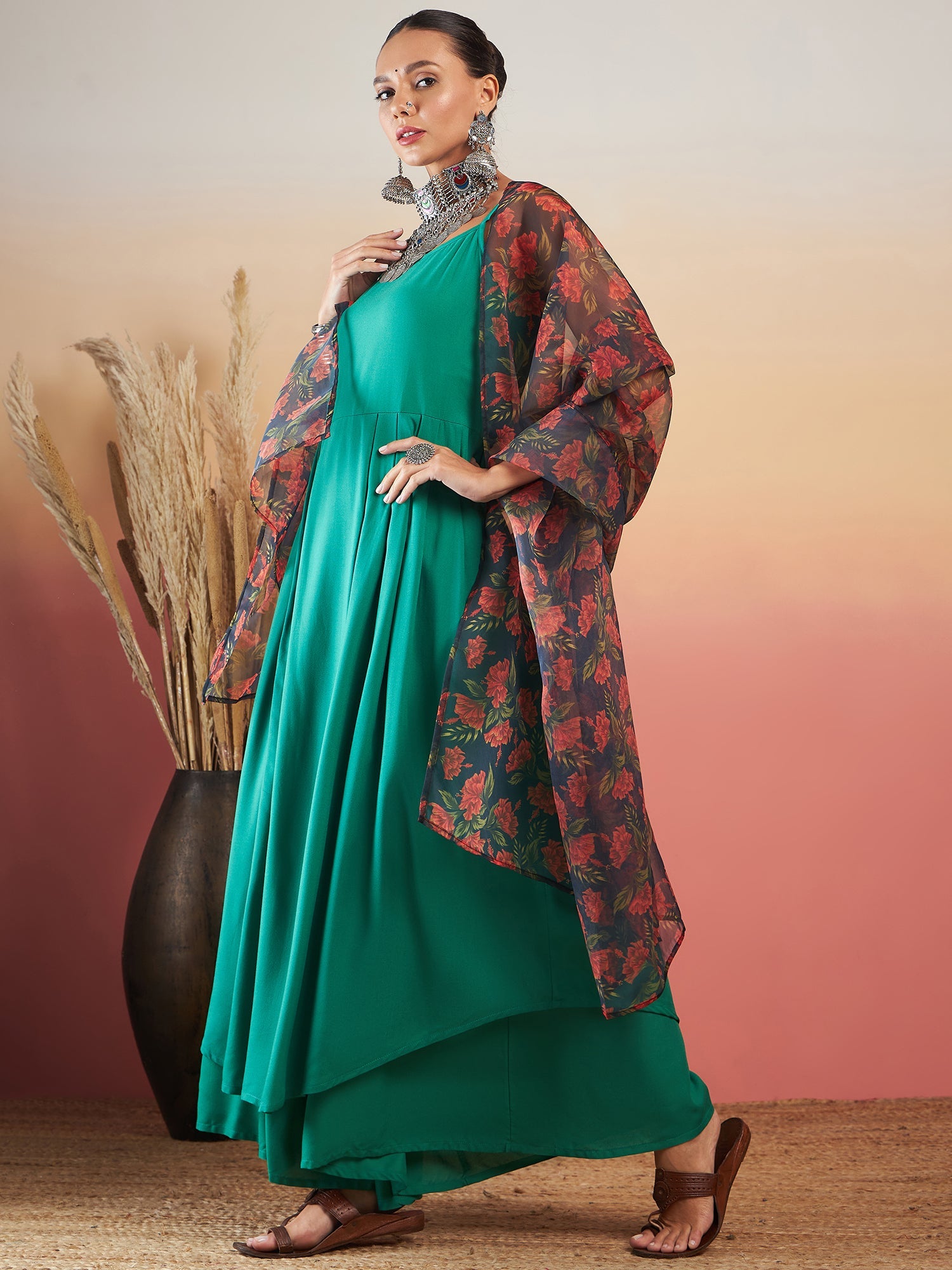 Women's EMERALD GREEN STRAPPY W BLACK ORANGE FLORAL PRINT OR DUPATTA SET