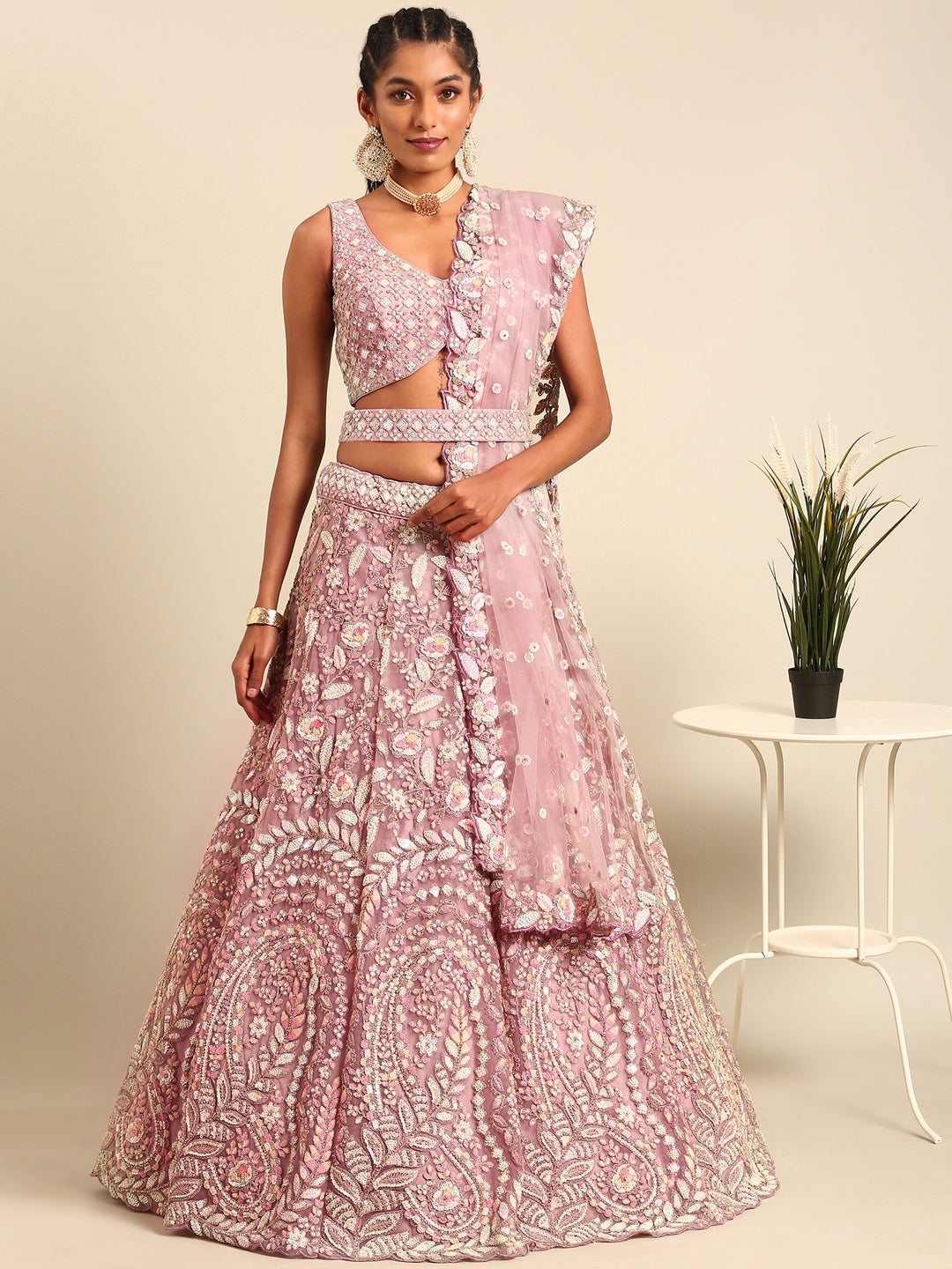 Women 's Mauve Net Multi Sequins with heavy Zarkan embroidery Ready to Wear Lehenga choli & Dupatta