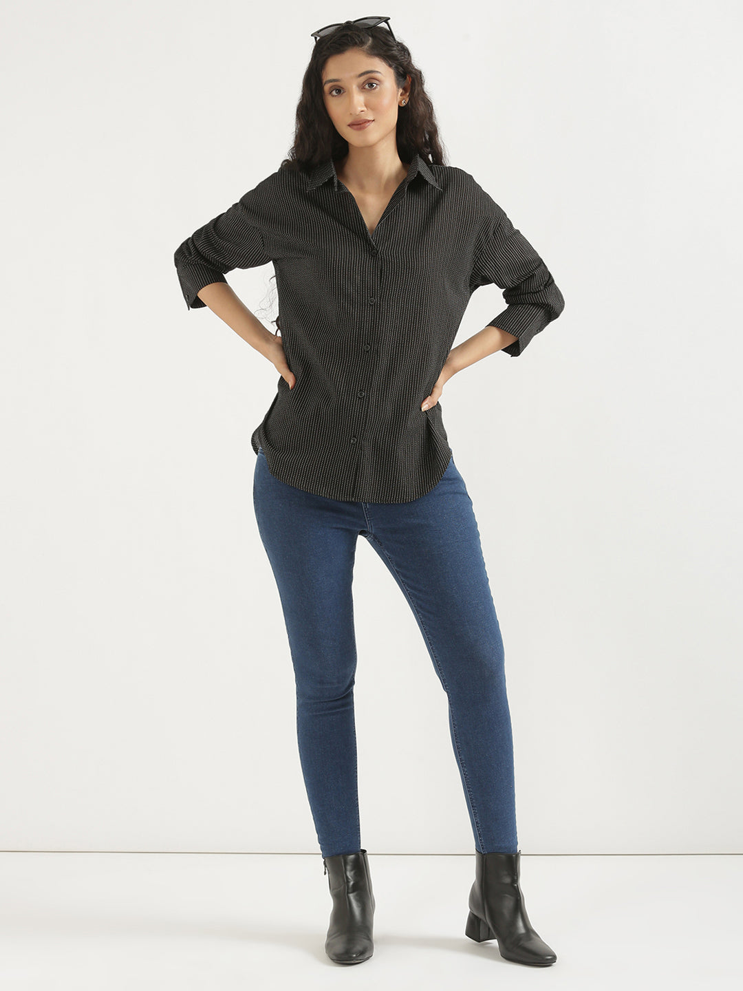 Women's Airy Linen Textured Casual Oversize Black Shirt
