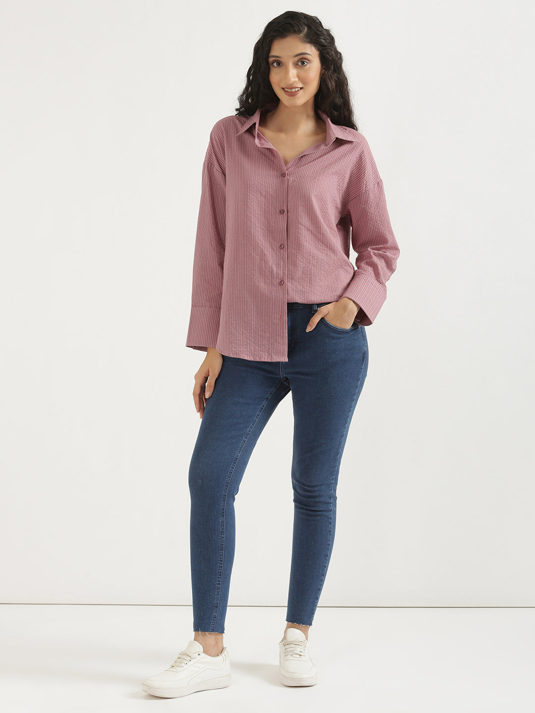 Women's Airy Linen Textured Casual Oversize Mauve Shirt