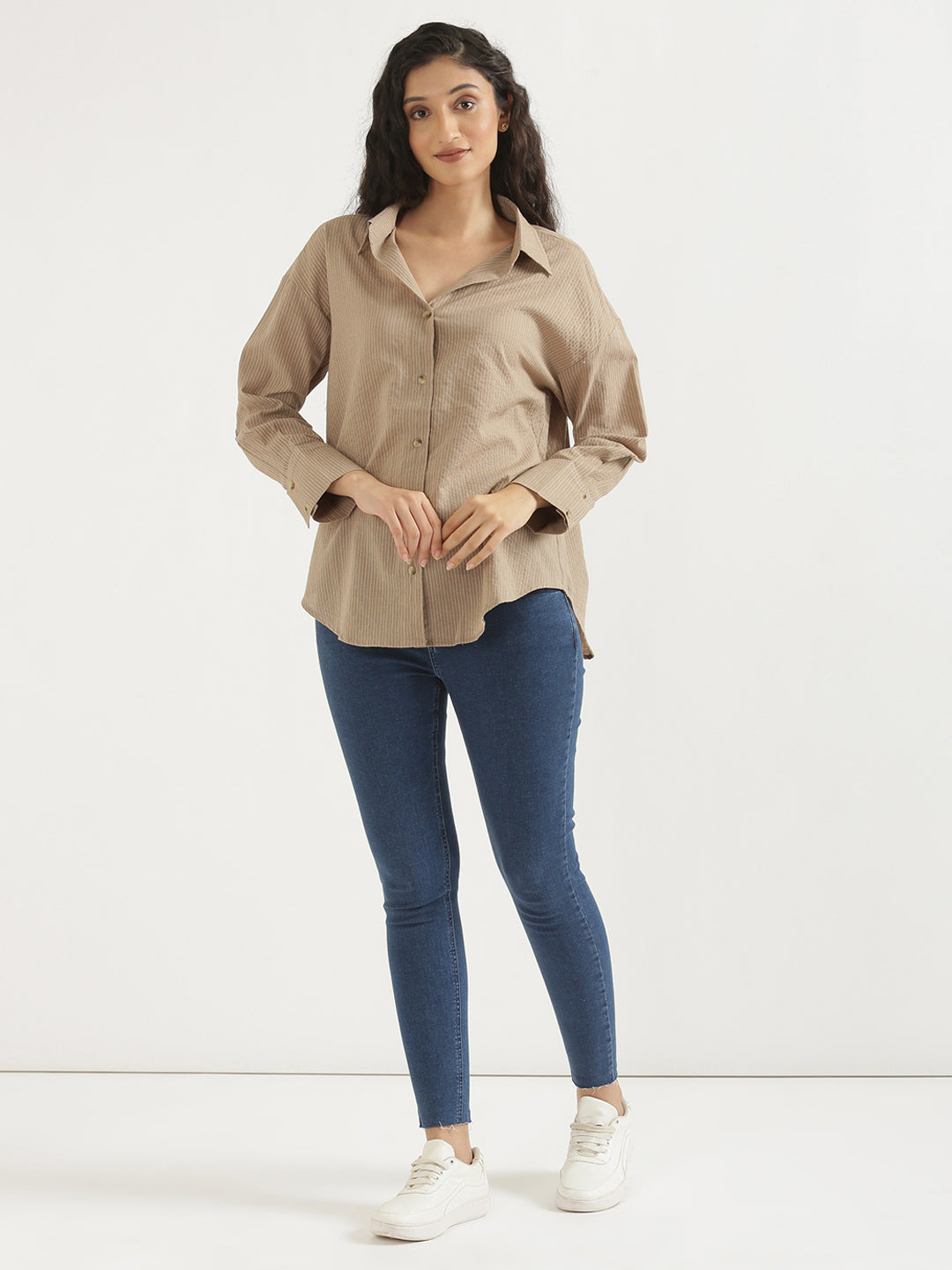 Women's Airy Linen Textured Casual Oversize Nude Brown Shirt