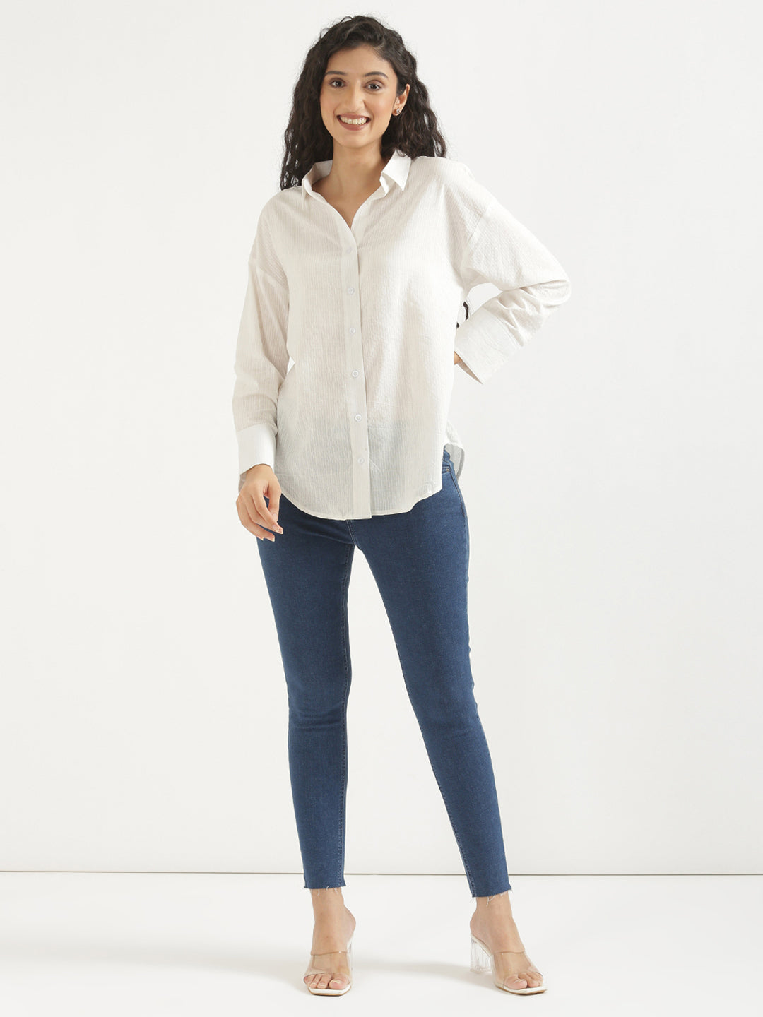 Women's Airy Linen Textured Casual Oversize White Shirt