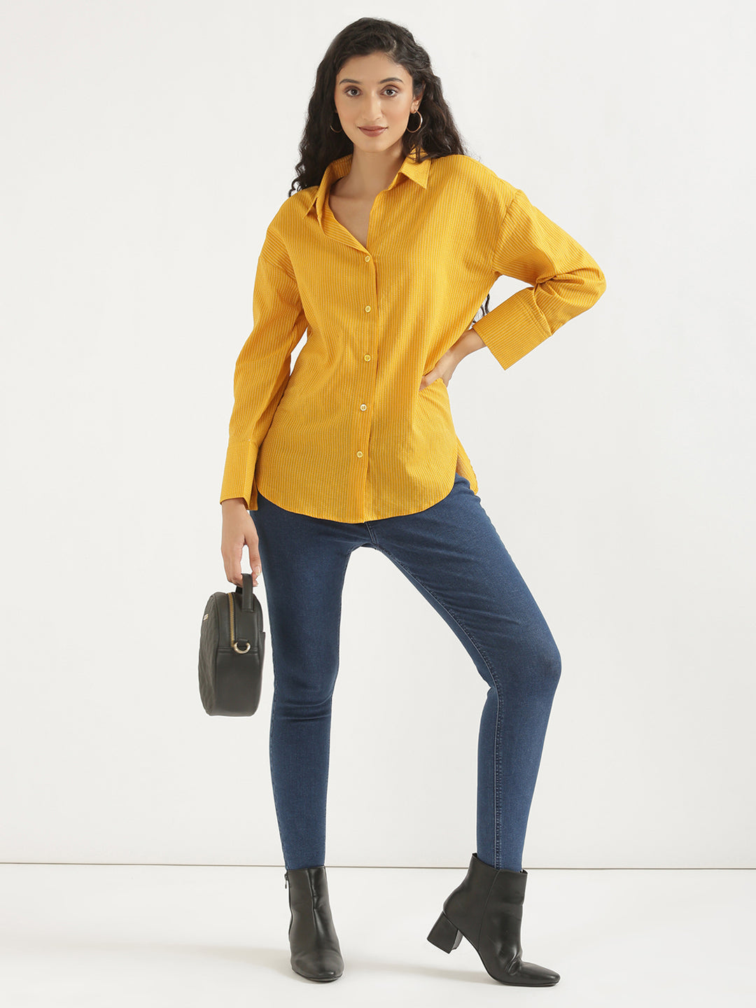 Women's Airy Linen Textured Casual Oversize Yellow Shirt