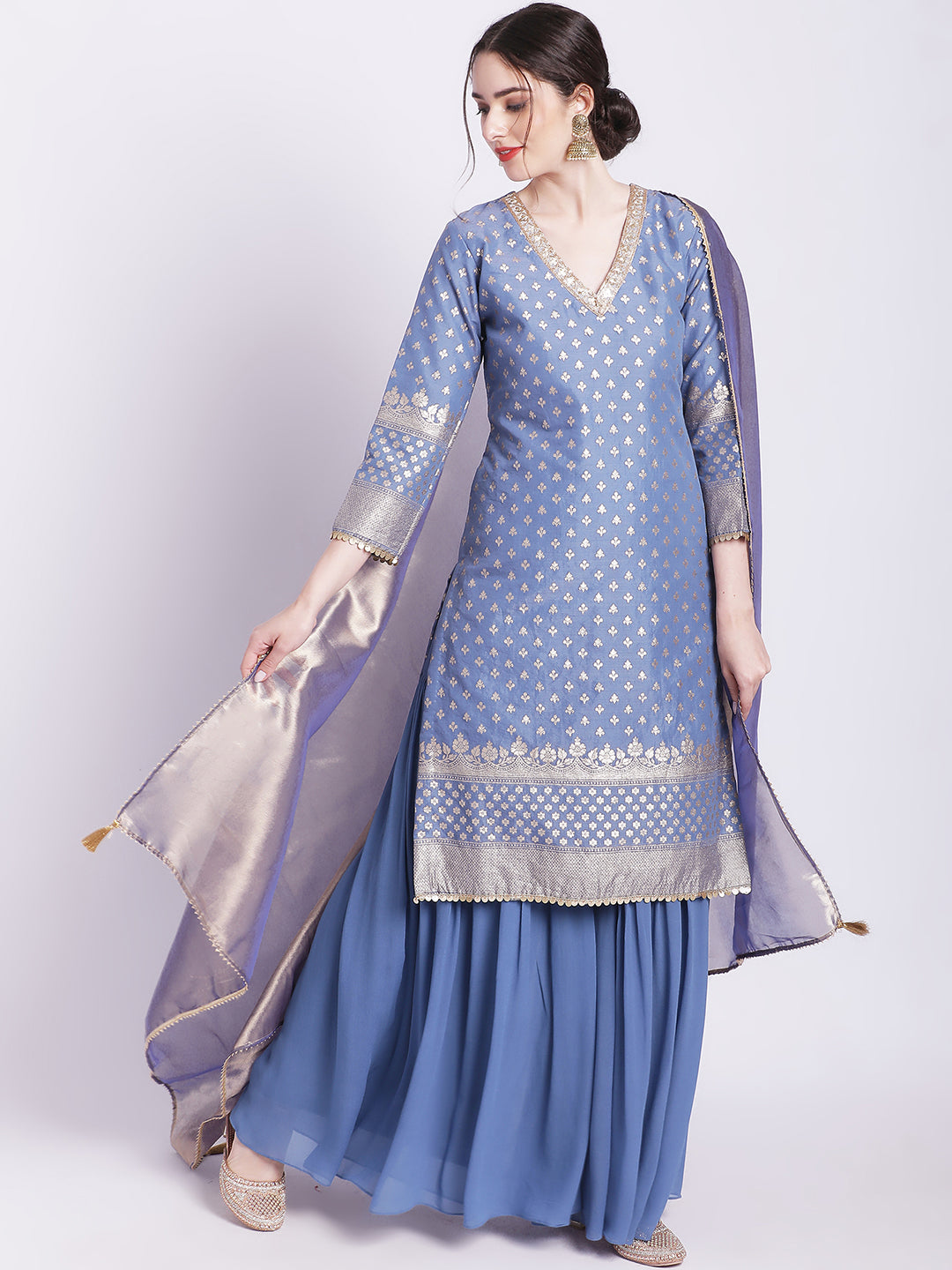 Women's Dusty Blue Badla Kurti With Gathered Palazzo And Organza Shine Dupatta