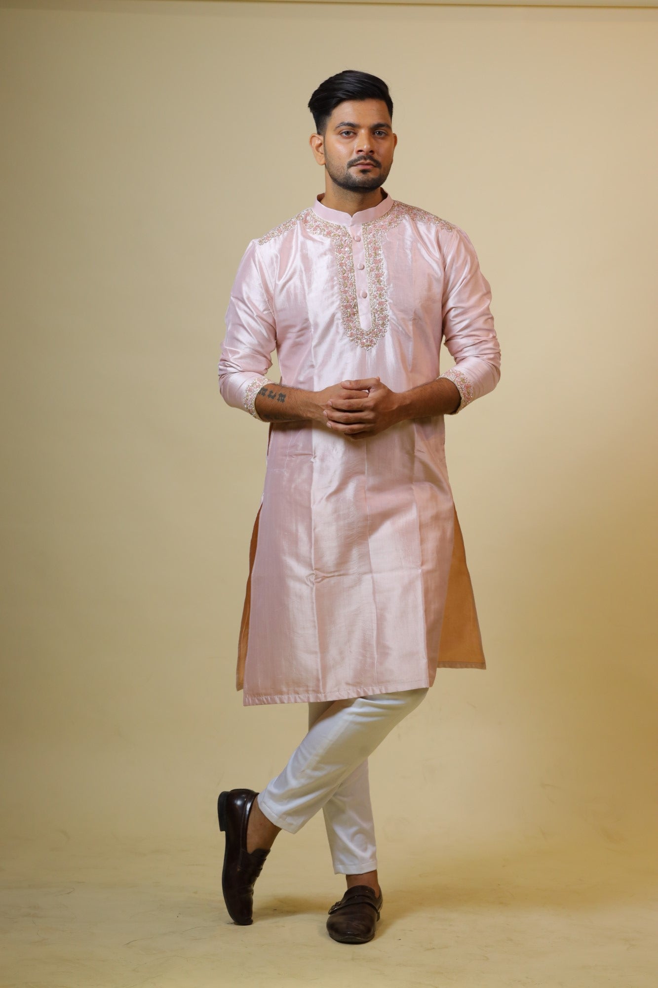 Men's Pink Color Light Coral Embroidered Collar Designer Kurta Dupion