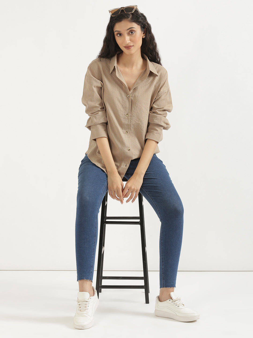 Women's Airy Linen Textured Casual Oversize Nude Brown Shirt