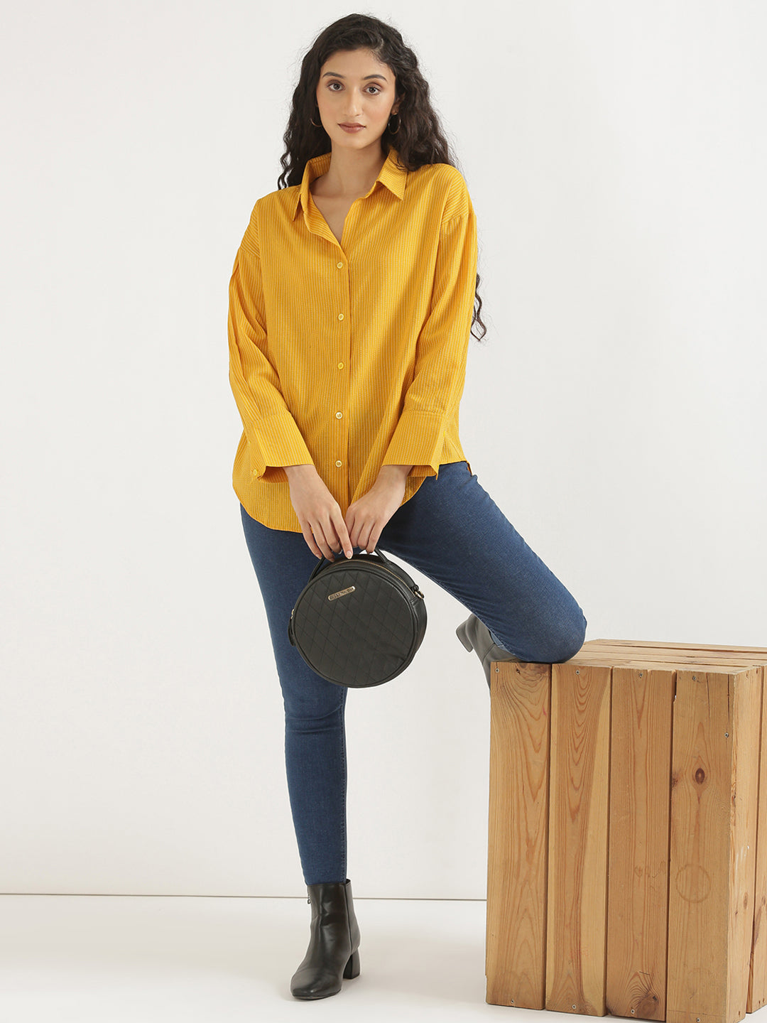Women's Airy Linen Textured Casual Oversize Yellow Shirt