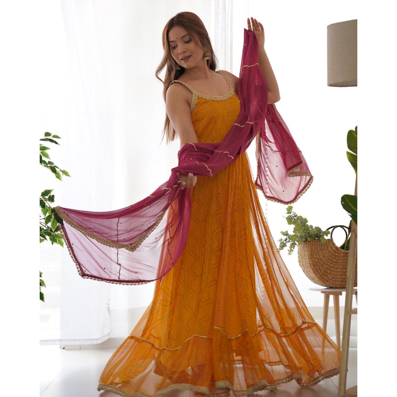 Women's Yellow Bandhani Anarkali Kurta With Wine Dupatta