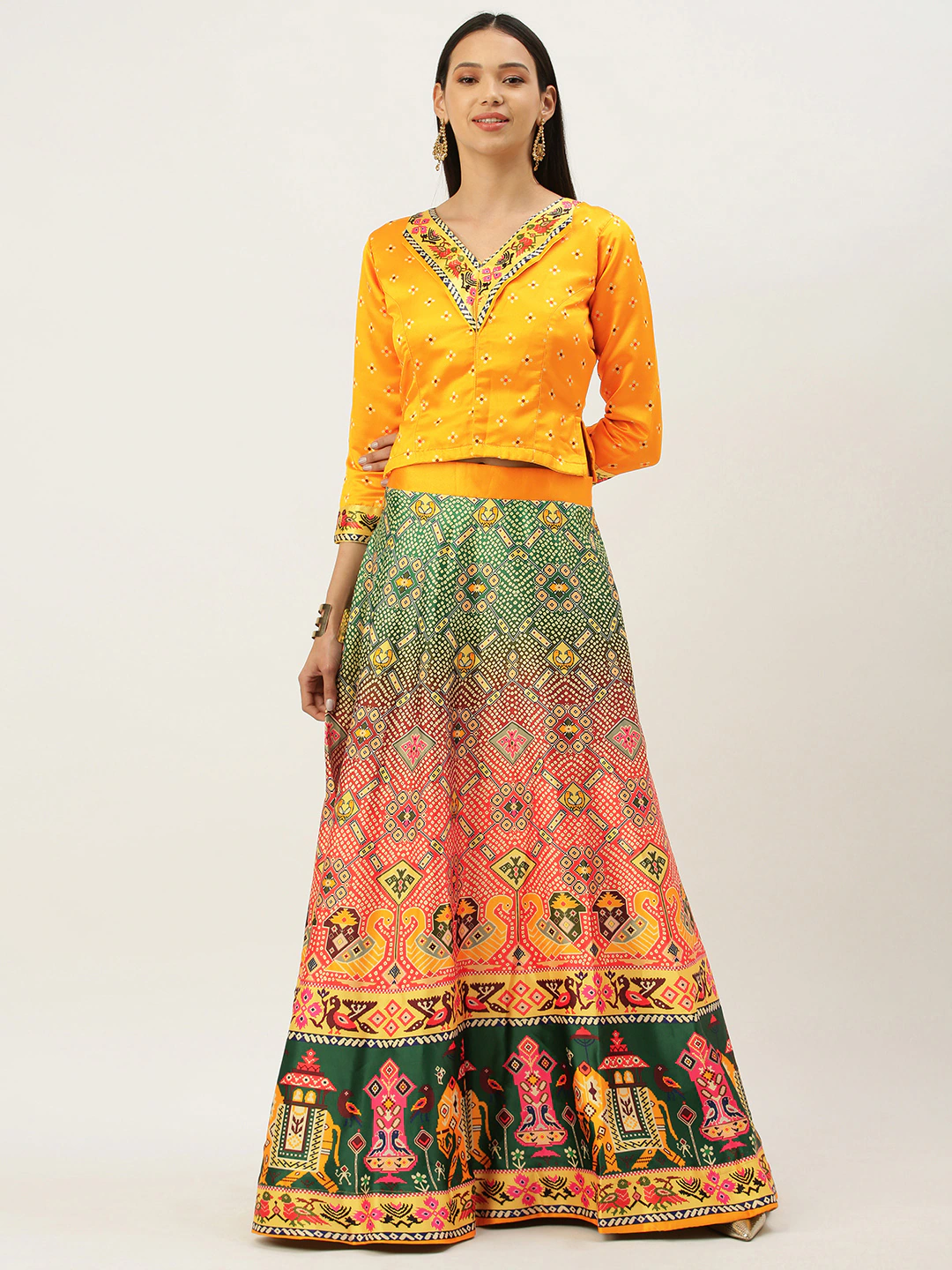 Women's Bandhni Patola Type Digital Print Shiney Satin Croptop Lehenga Choli With Unstitched Blouse