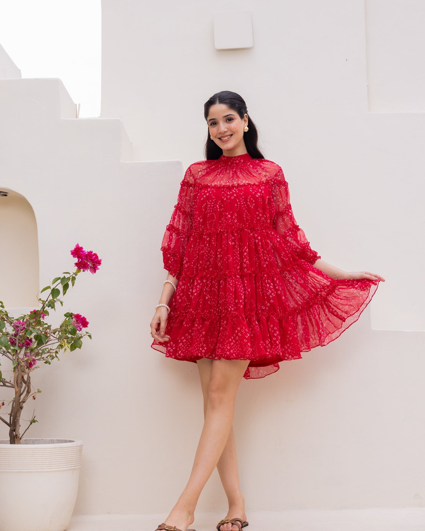 Women's Red Chiffon Bandhej Print Short Dress