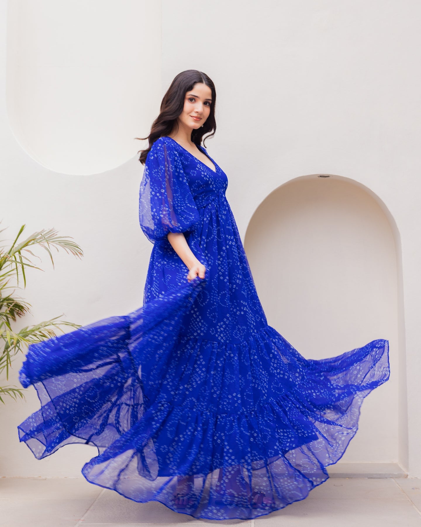 Women's Blue Chiffon Bandhej Print Long Gown