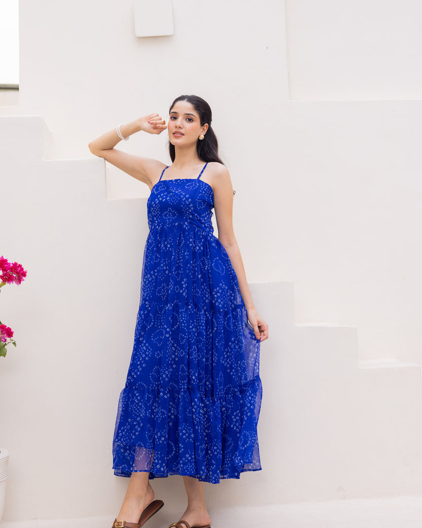 Women's Blue Chiffon Bandhej Print Long Gown