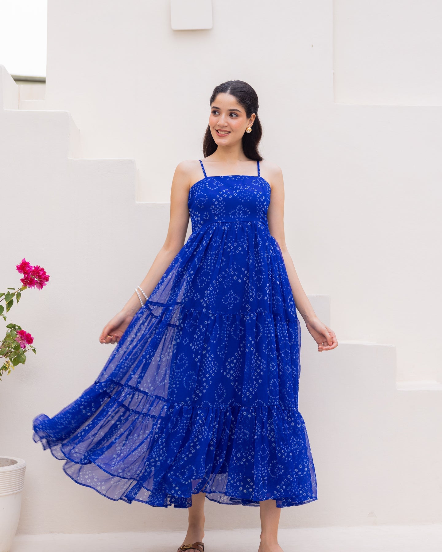 Women's Blue Chiffon Bandhej Print Long Gown