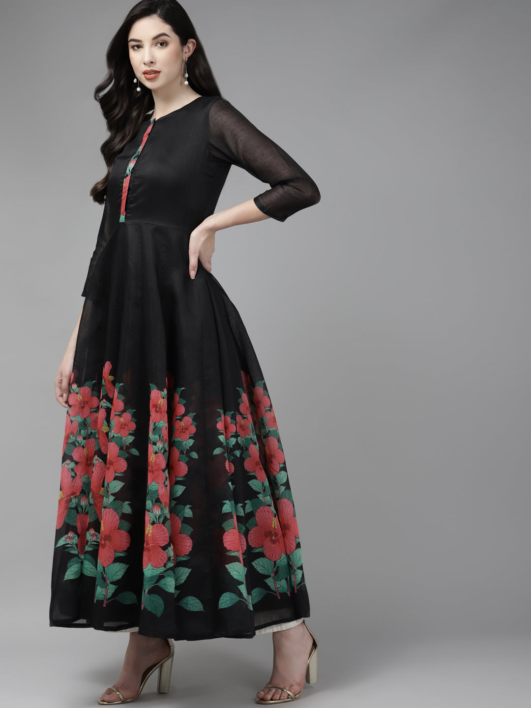 Women's Black Floral Printed Chanderi Silk Anarkali Kurta With Dupatta